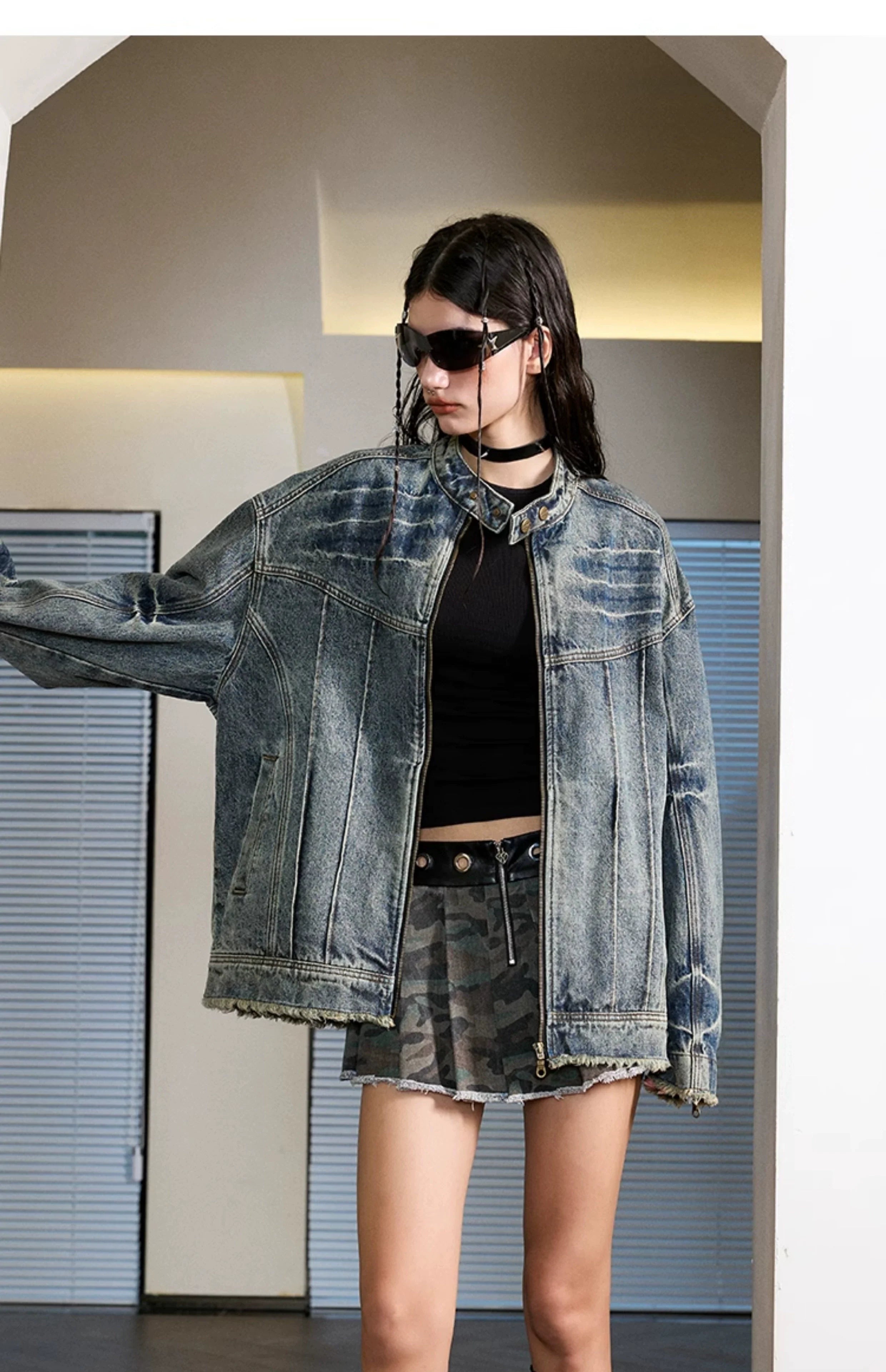 Heavy washed denim jacket American high street stand-up collar jacket SIN0992