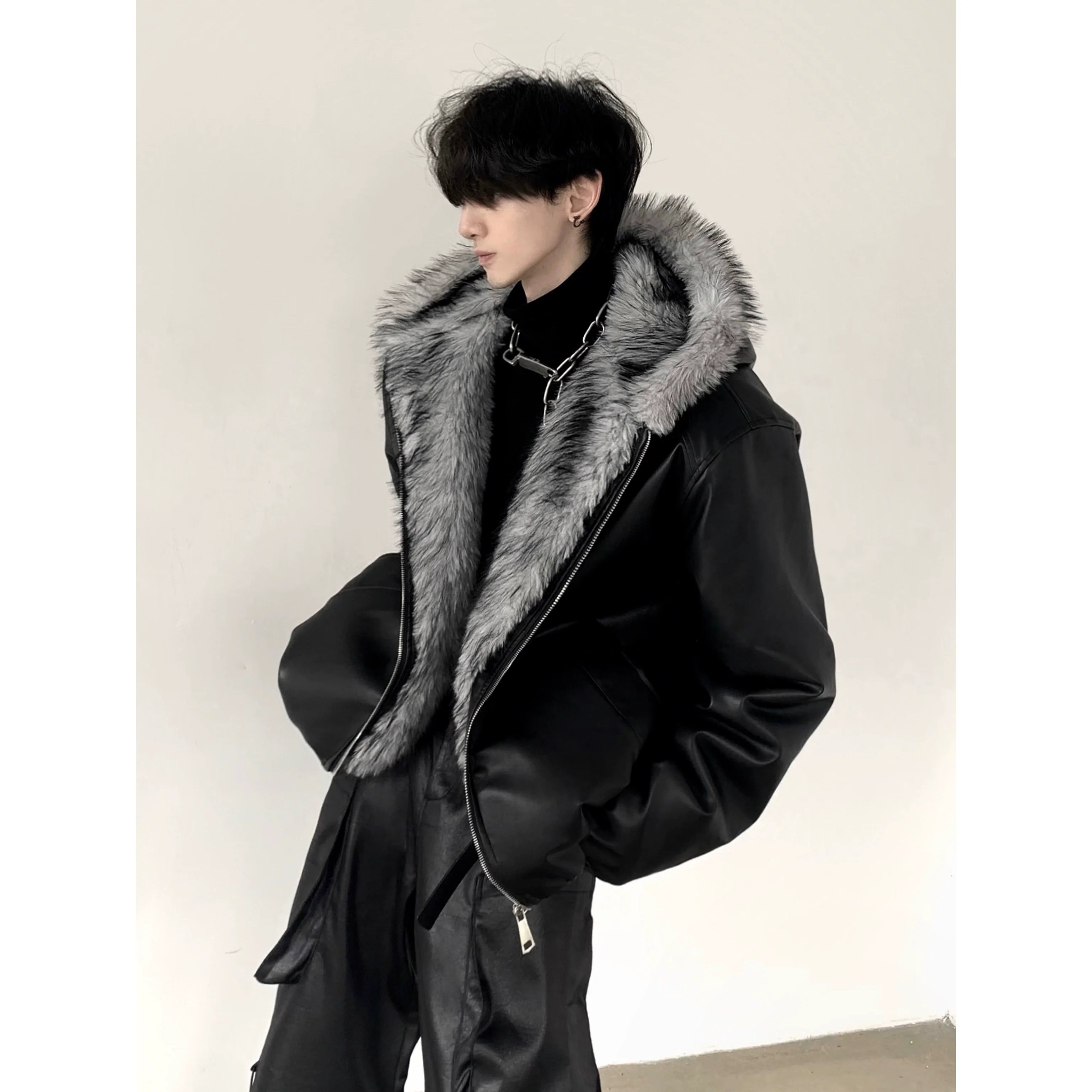 Wolf King Mountain Eagle Hooded Big Fur Collar Thick Jacket Men's Winter Fleece Premium Visual Leather Jacket