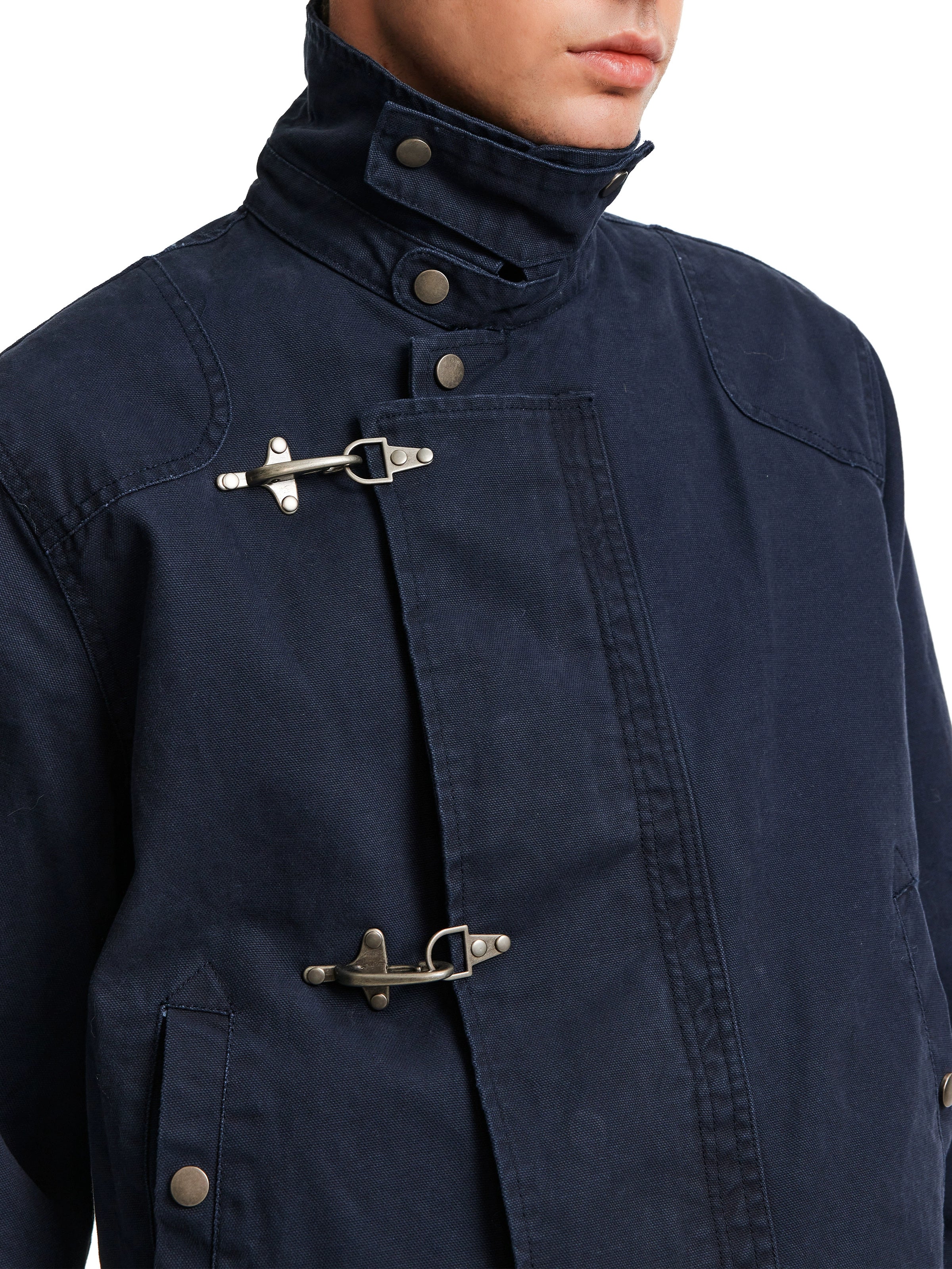 Retro high-end aircraft buckle design stand-up collar jacket for men and women, ruffian handsome high street short and wide tooling jacket