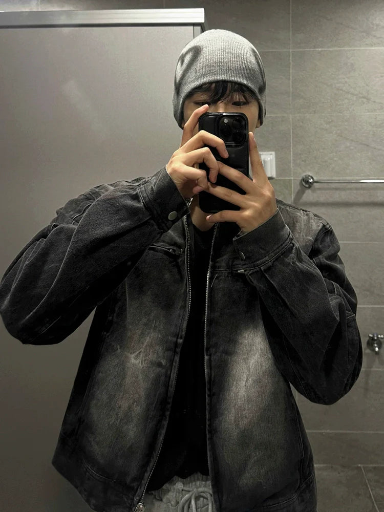 러피안 핸섬 숏 데님 재킷, 남성용 봄 루즈핏 스탠드업 칼라 재킷, 한국 트렌디 하이엔드 데님 