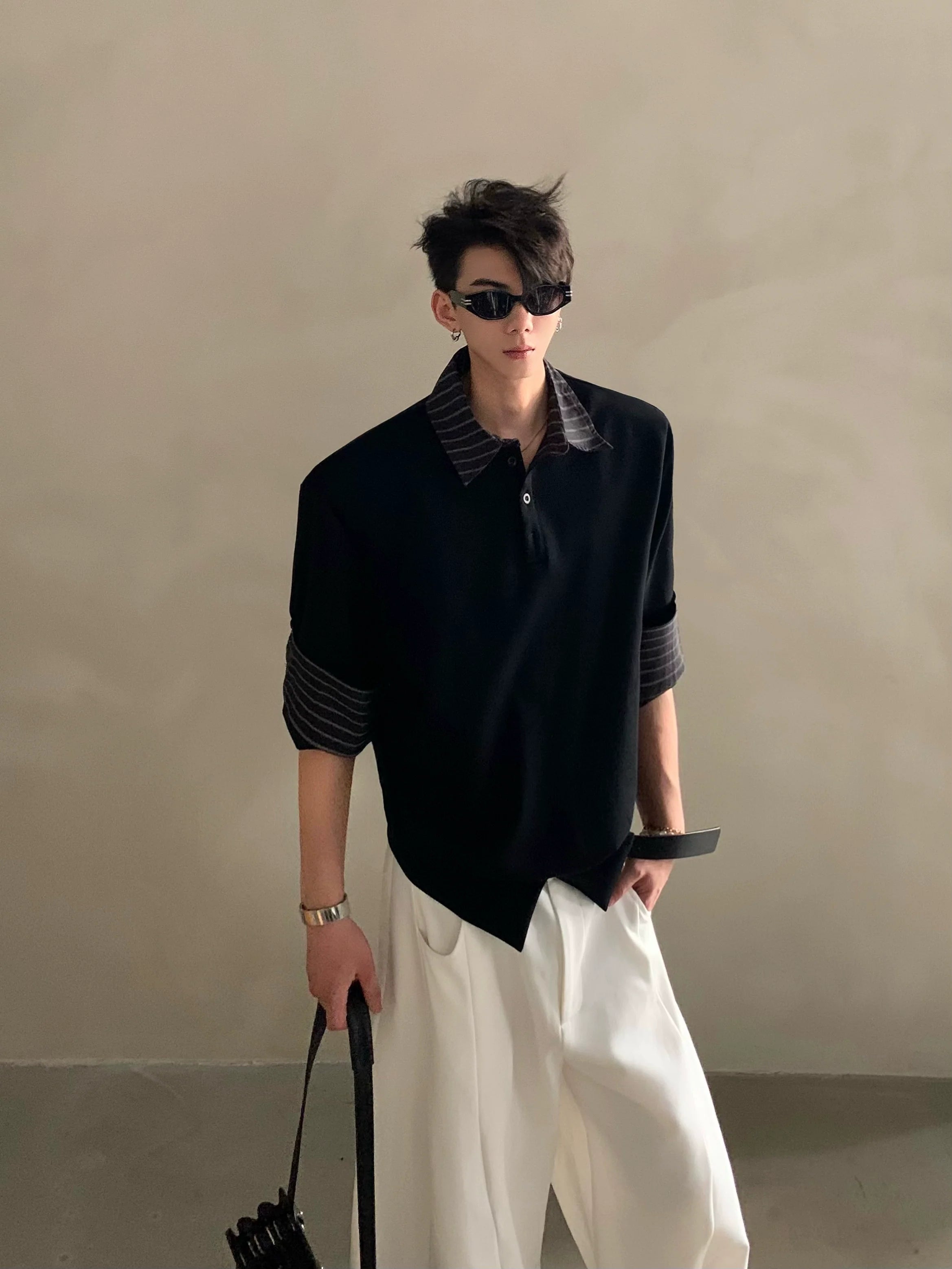 Niche light luxury high-end sense fake two-piece splicing design sense ruffian handsome casual Polo shirt men's trend