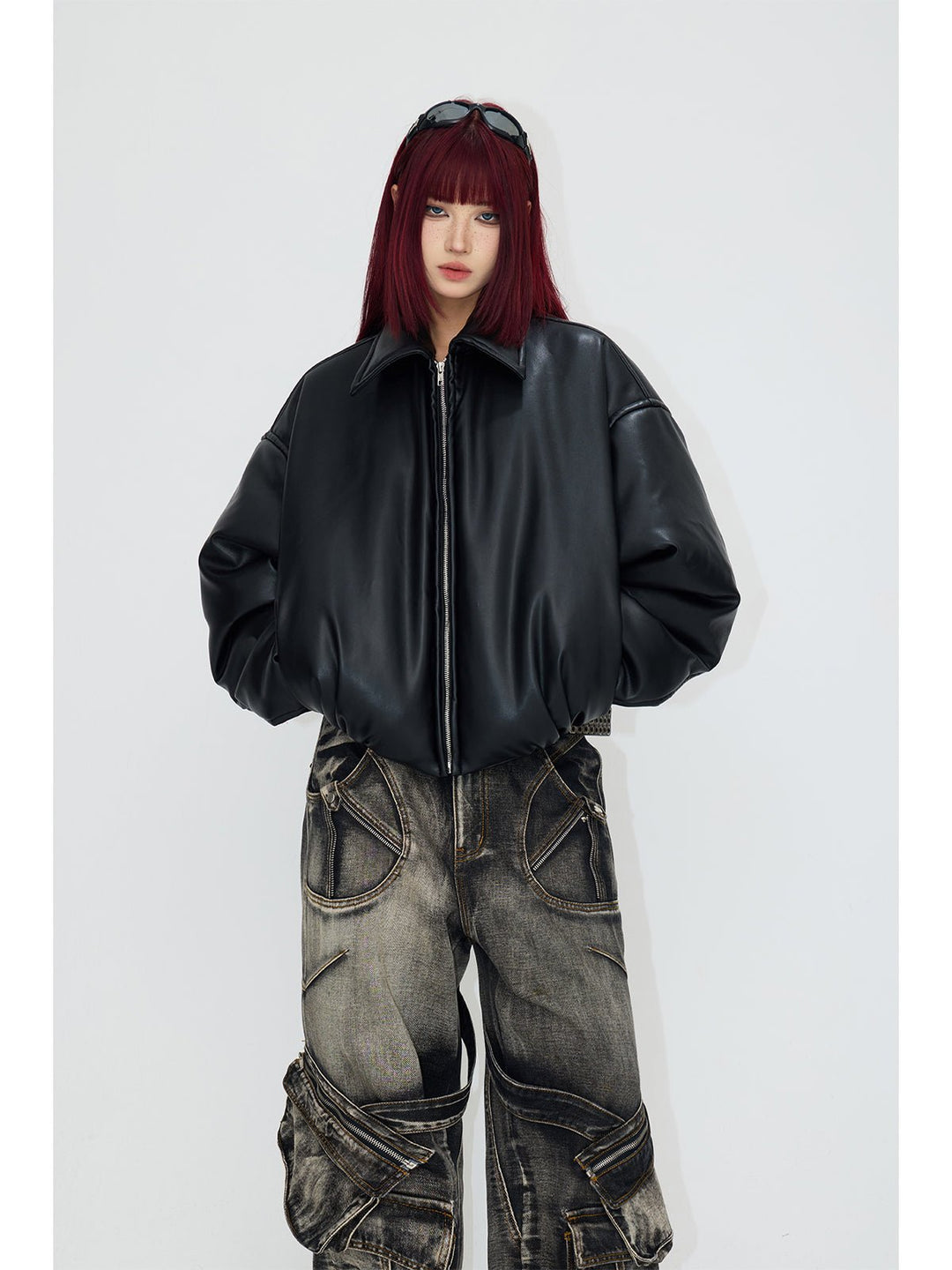 [PeopleStyle] Vintage Leder-Baumwolljacke mit überschnittenen Schultern st1792 