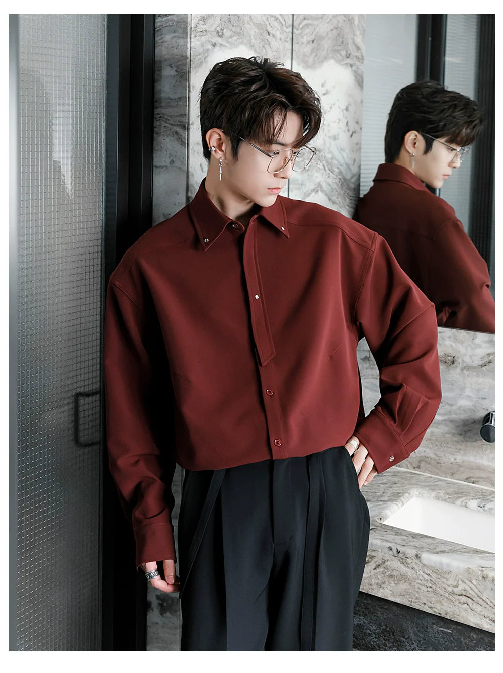 Men's Loose Casual Lapel Shirt Men's Solid Color Premium Tie Long Sleeve Shirt