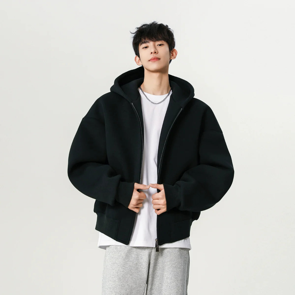 Heavy silhouette cardigan sweater men's spring and autumn new double zipper design hooded fashion short casual coat