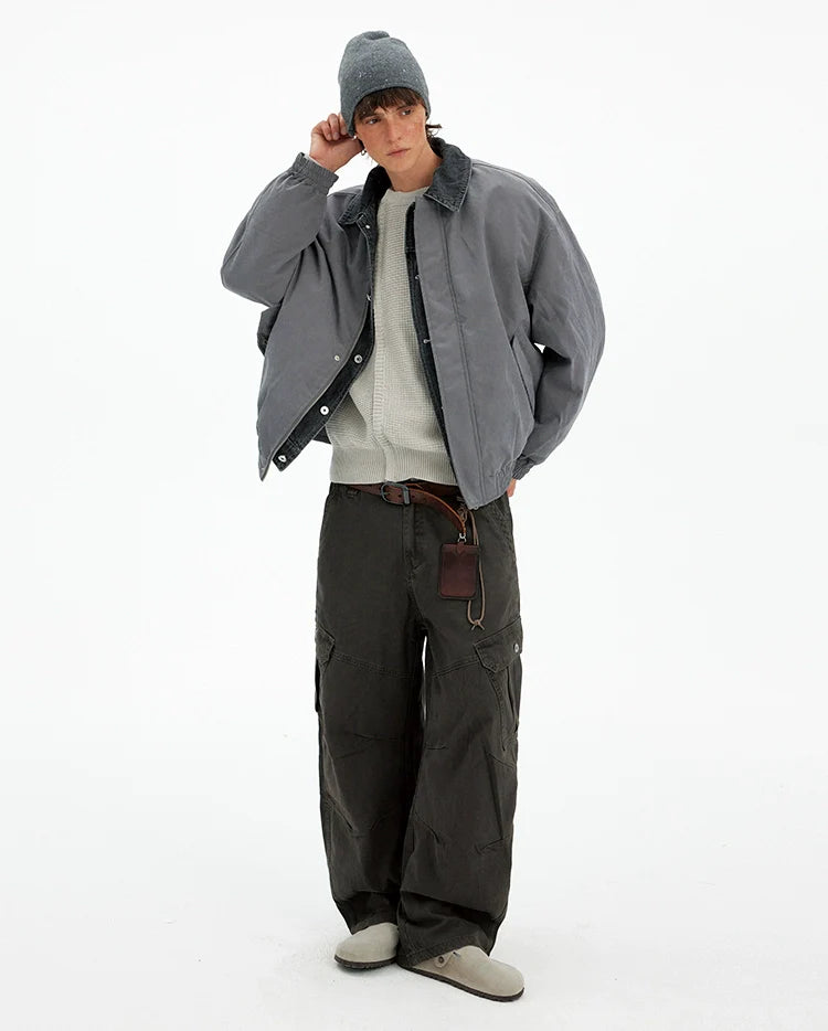 Retro trendy brand fake two-piece warm cotton clothes for men and women loose and casual design winter thickened jacket