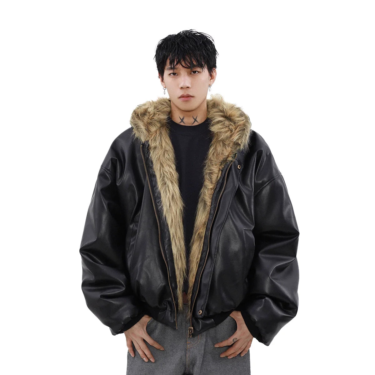 American high-end jacket cotton clothes men's winter velvet thickened double-sided fur integrated coat men