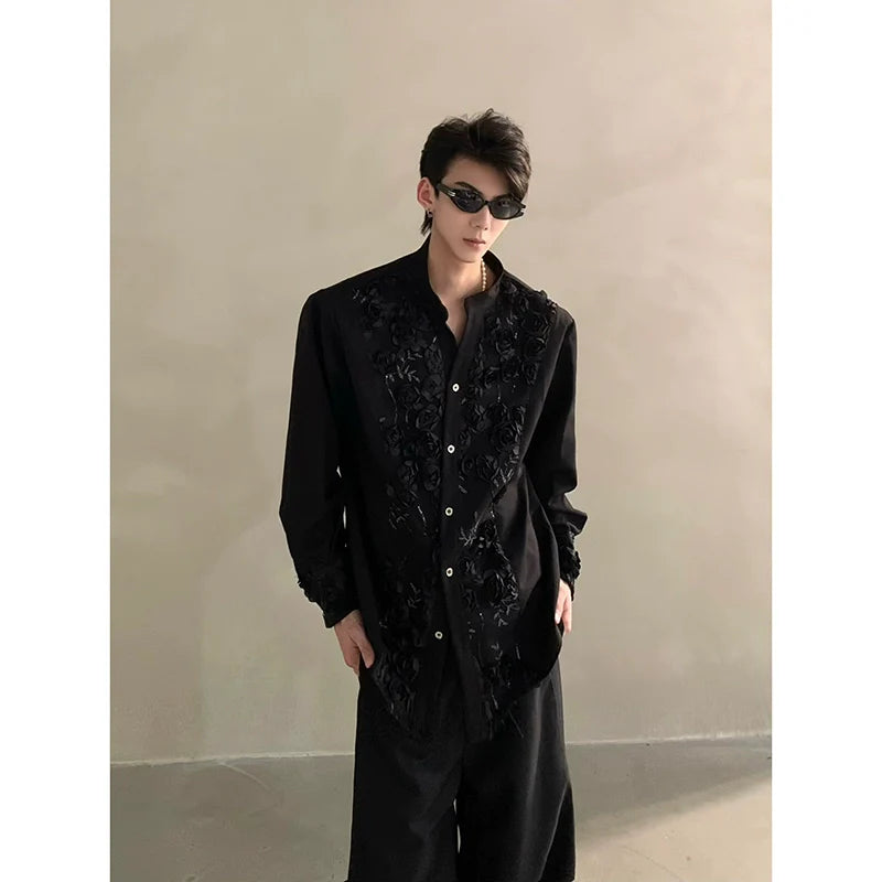 가볍고 고급스러운 니치 하이엔드 3D 꽃무늬 디자인 블랙 숄더 패드 셔츠, 남성용 러피안 핸섬 셔츠, 트렌디한 스타일 