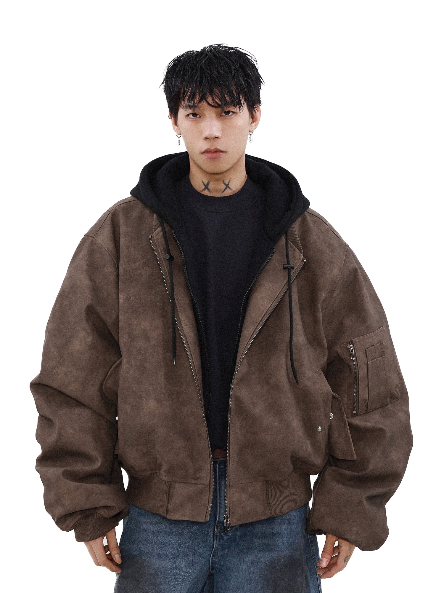 American fake two-piece jacket cotton-padded winter coat men's spring and autumn lazy style loose hooded cotton-padded coat
