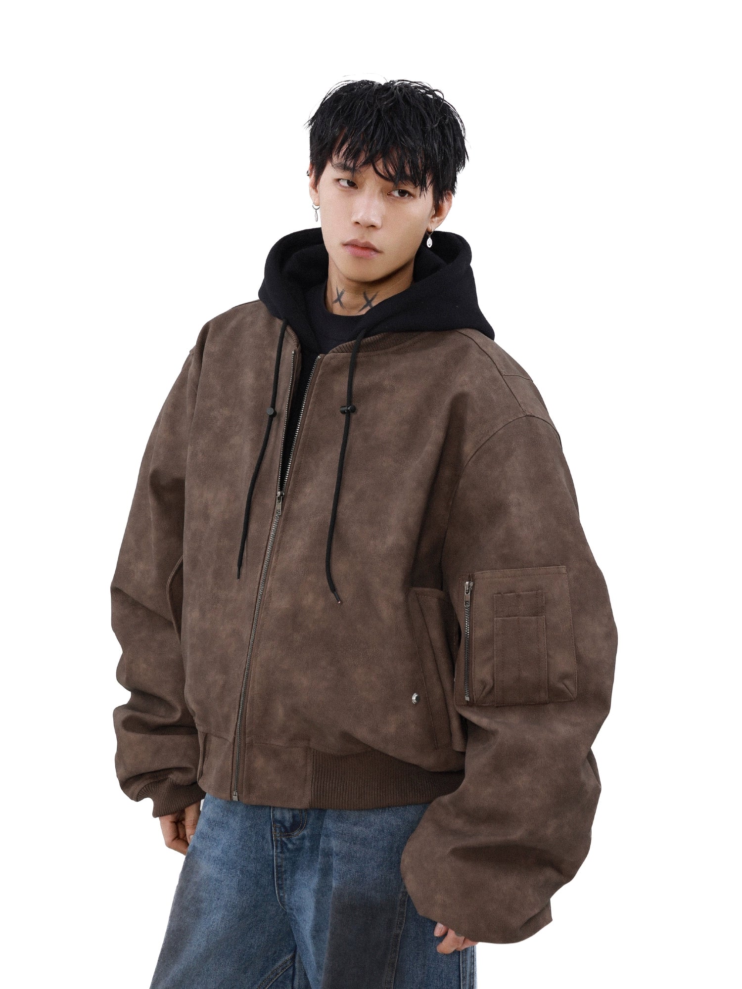 American fake two-piece jacket cotton-padded winter coat men's spring and autumn lazy style loose hooded cotton-padded coat