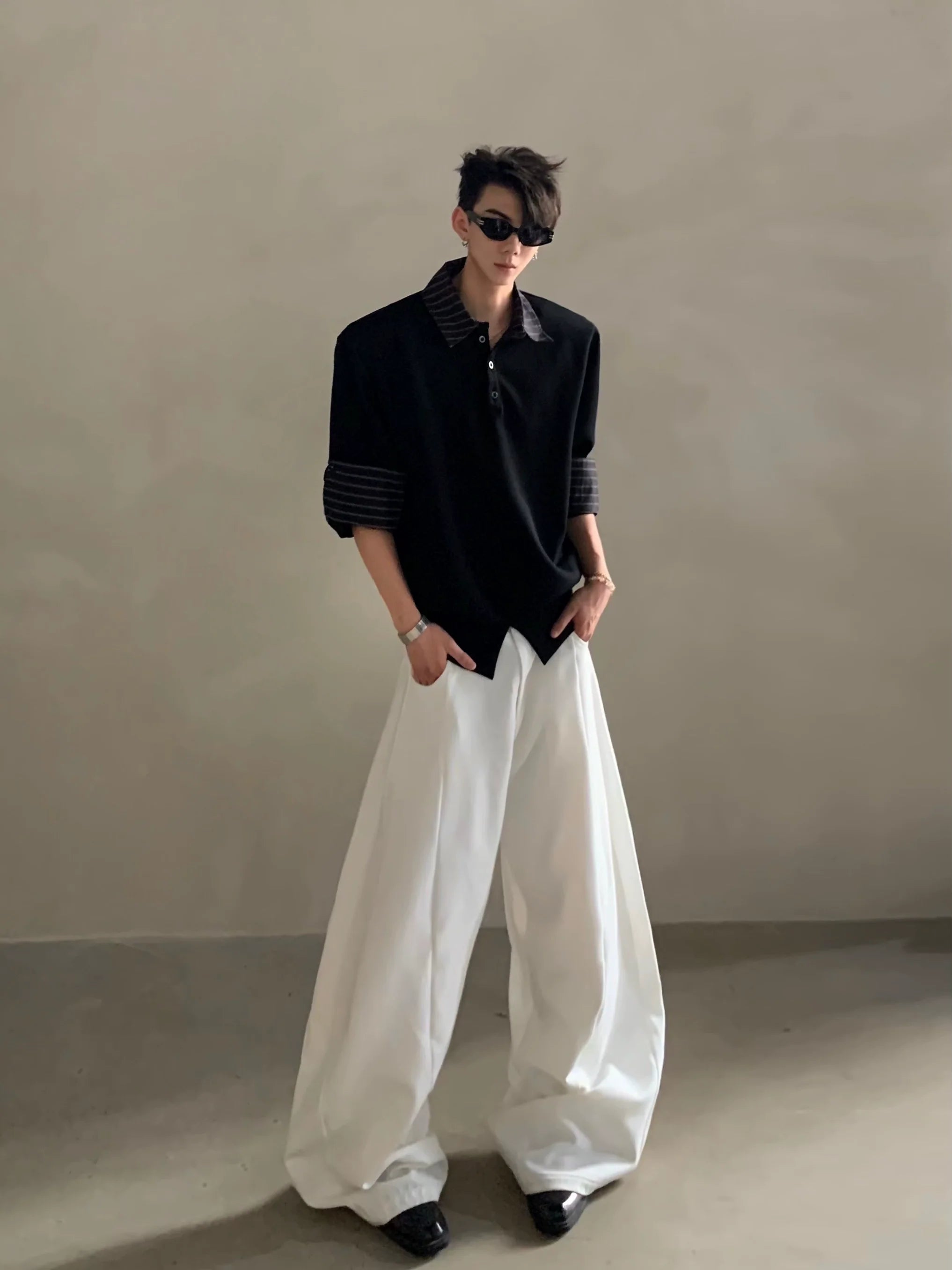 Niche light luxury high-end sense fake two-piece splicing design sense ruffian handsome casual Polo shirt men's trend