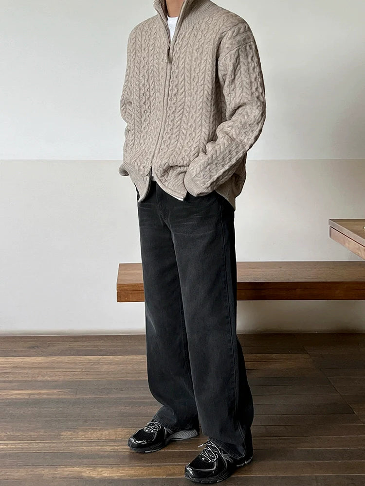 Old money wind semi-turtleneck knitted jacket men's winter loose warm cardigan sweater Korean commuter wear