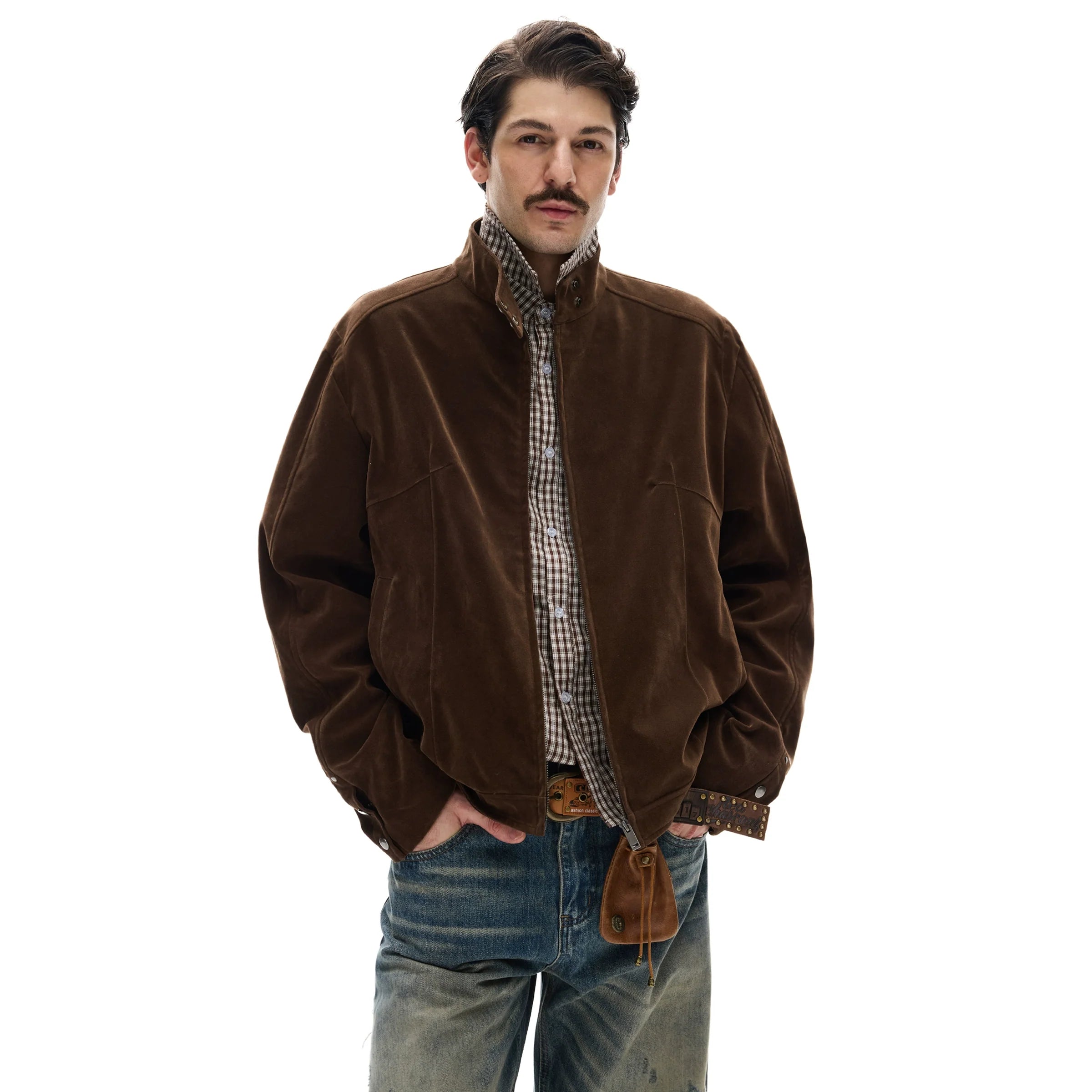 모던 스트리트 레트로 스웨이드 툴링 스탠드업 칼라 재킷, 남녀공용 캐주얼 디컨스트럭션 스플라이싱 숏 코트 