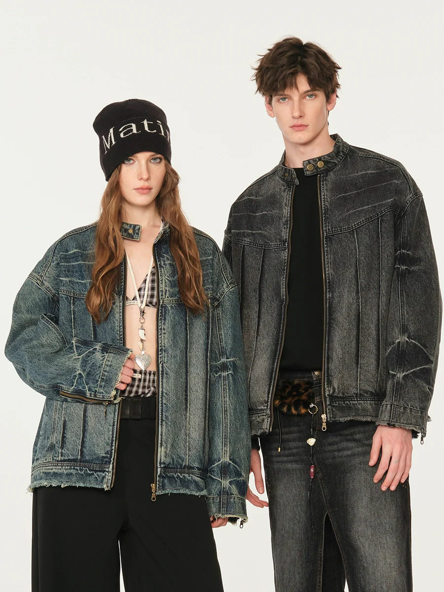 Heavy washed denim jacket American high street stand-up collar jacket SIN0992