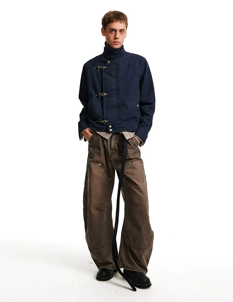 Retro high-end aircraft buckle design stand-up collar jacket for men and women, ruffian handsome high street short and wide tooling jacket