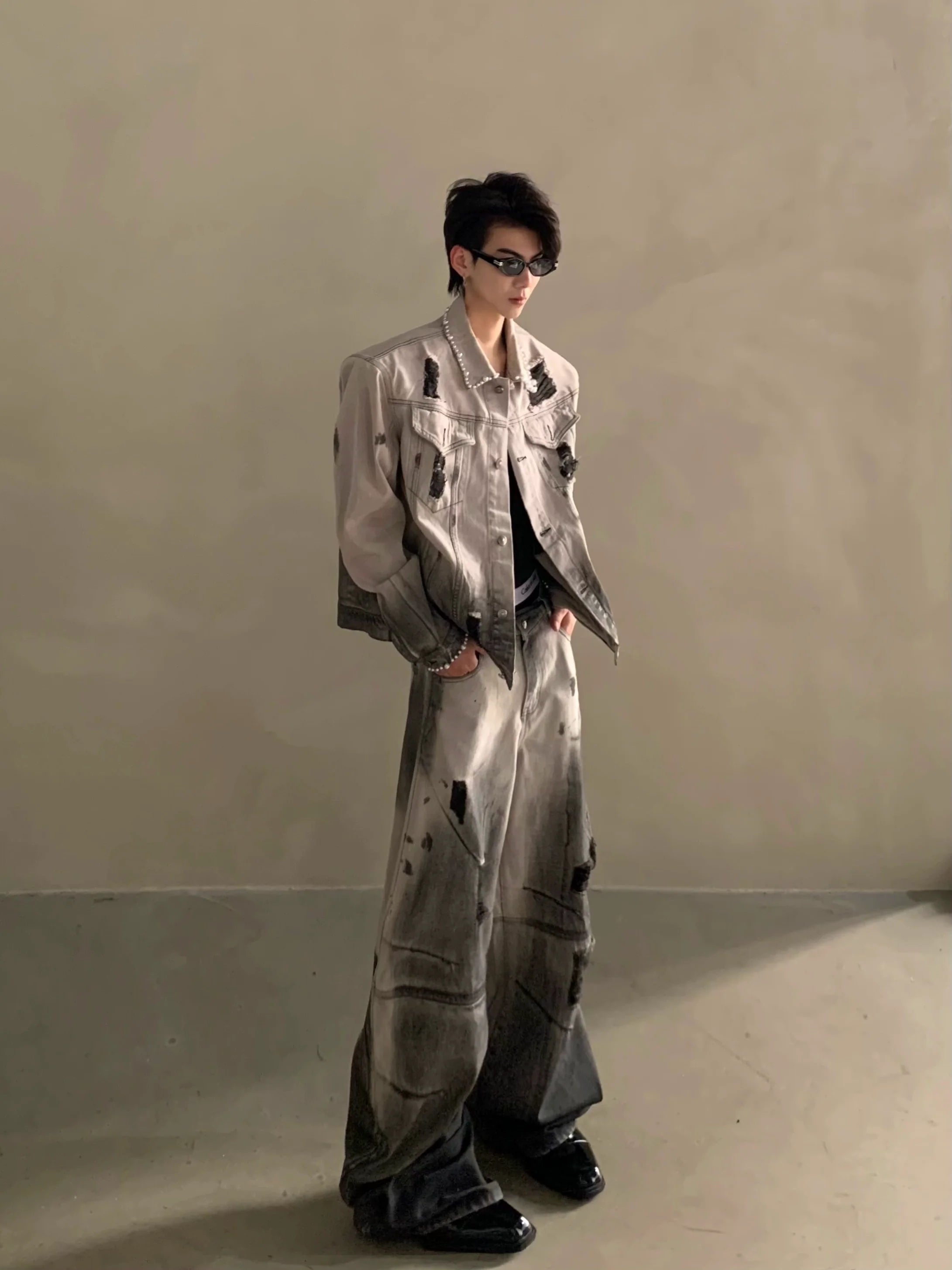 틈새 폐기물 토양 타이 다이 구멍 디자인 어깨 패드 데님 재킷 남성 고급 정장 트렌드 