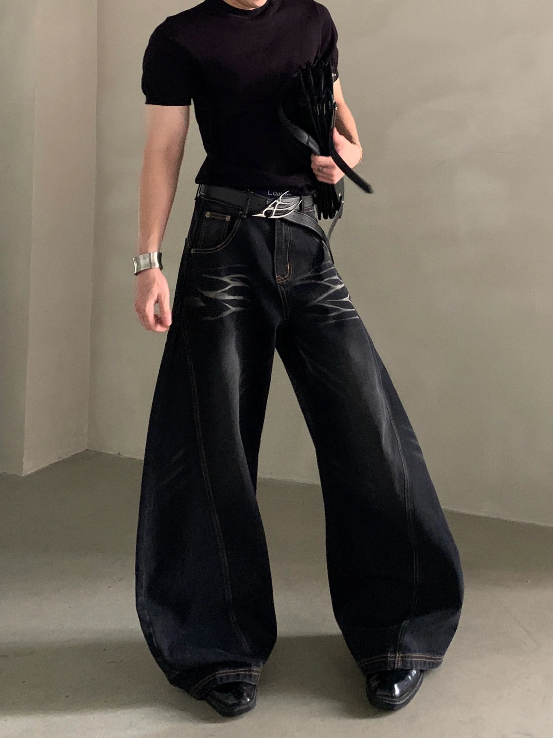 Niche design wide-leg scimitar jeans medium and high waist loose heavy drop floor pants