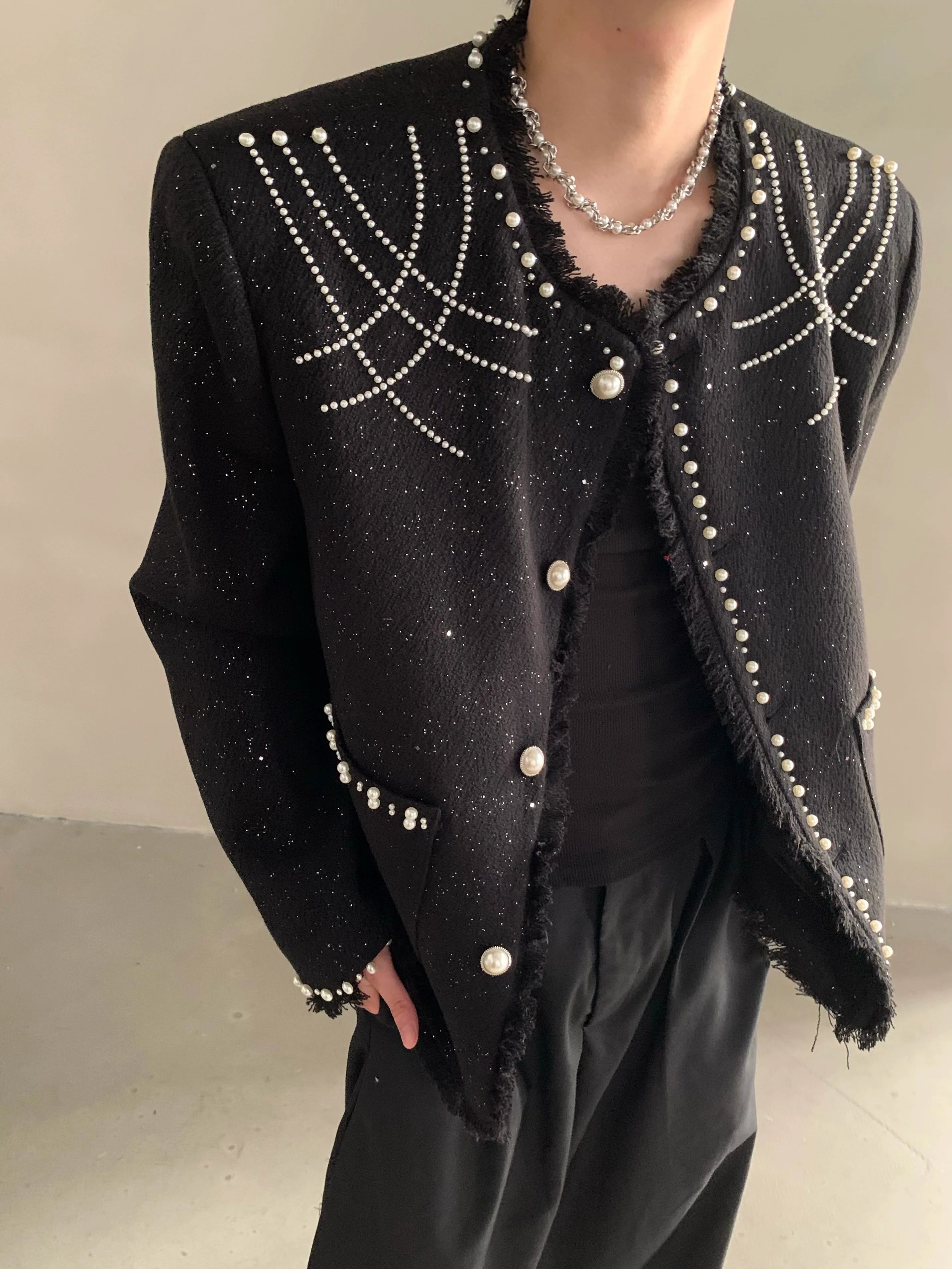 Niche high-end heavy industry bead design shoulder pads small fragrant jacket jacket men's top