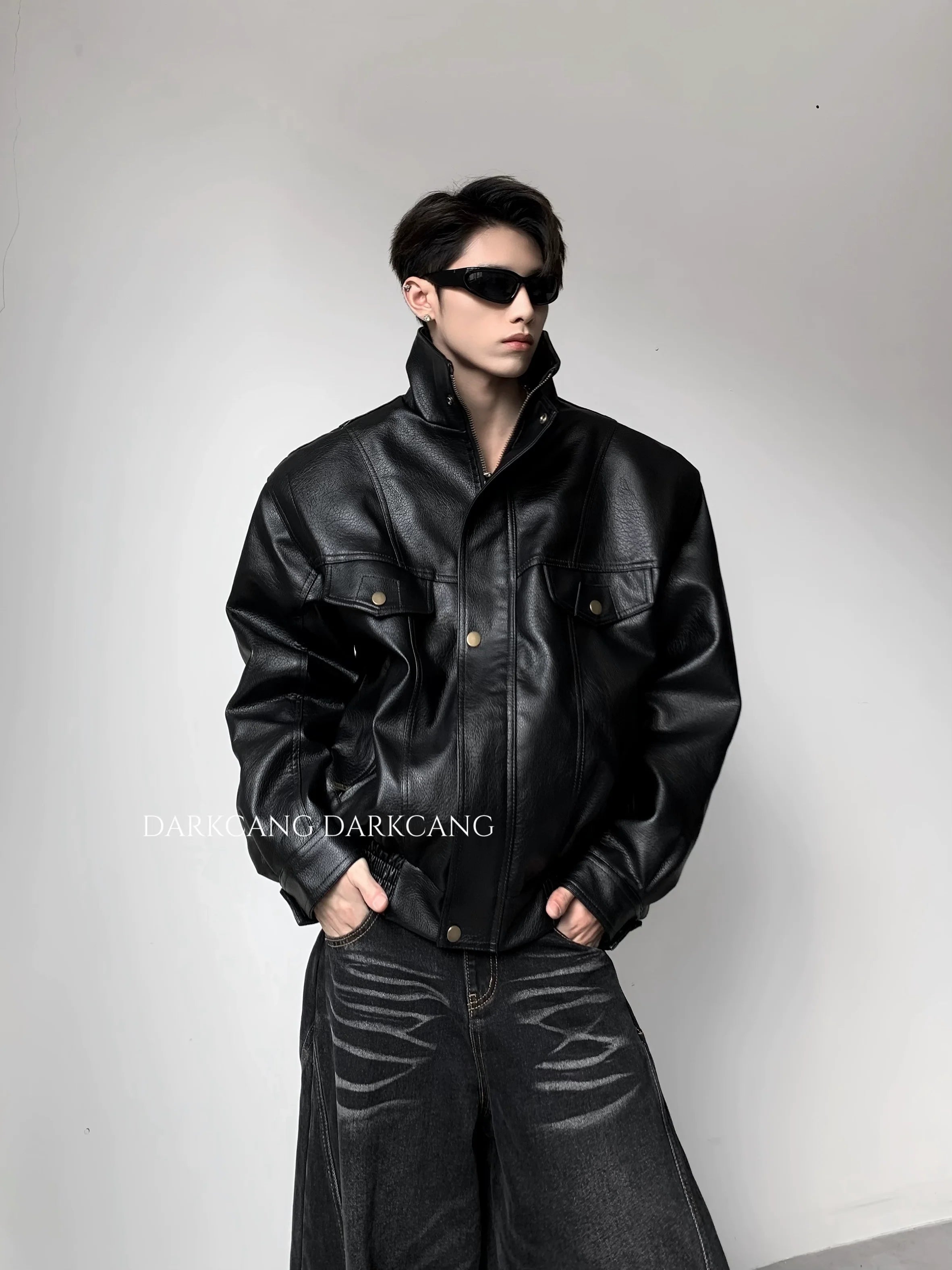 가볍고 고급스러운 두툼한 스탠드업 칼라, 면 안감 가죽 재킷, 남성용 겨울 의류, 중장년층 감각의 멋스럽고 깔끔한 핏 재킷 