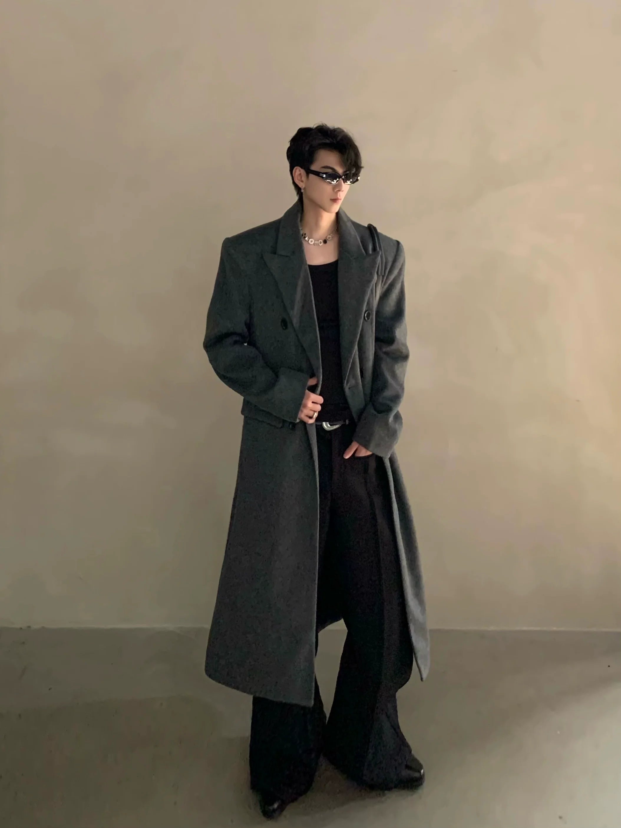 Winter niche shoulder padded silhouette woolen coat men's long double-breasted premium trench coat