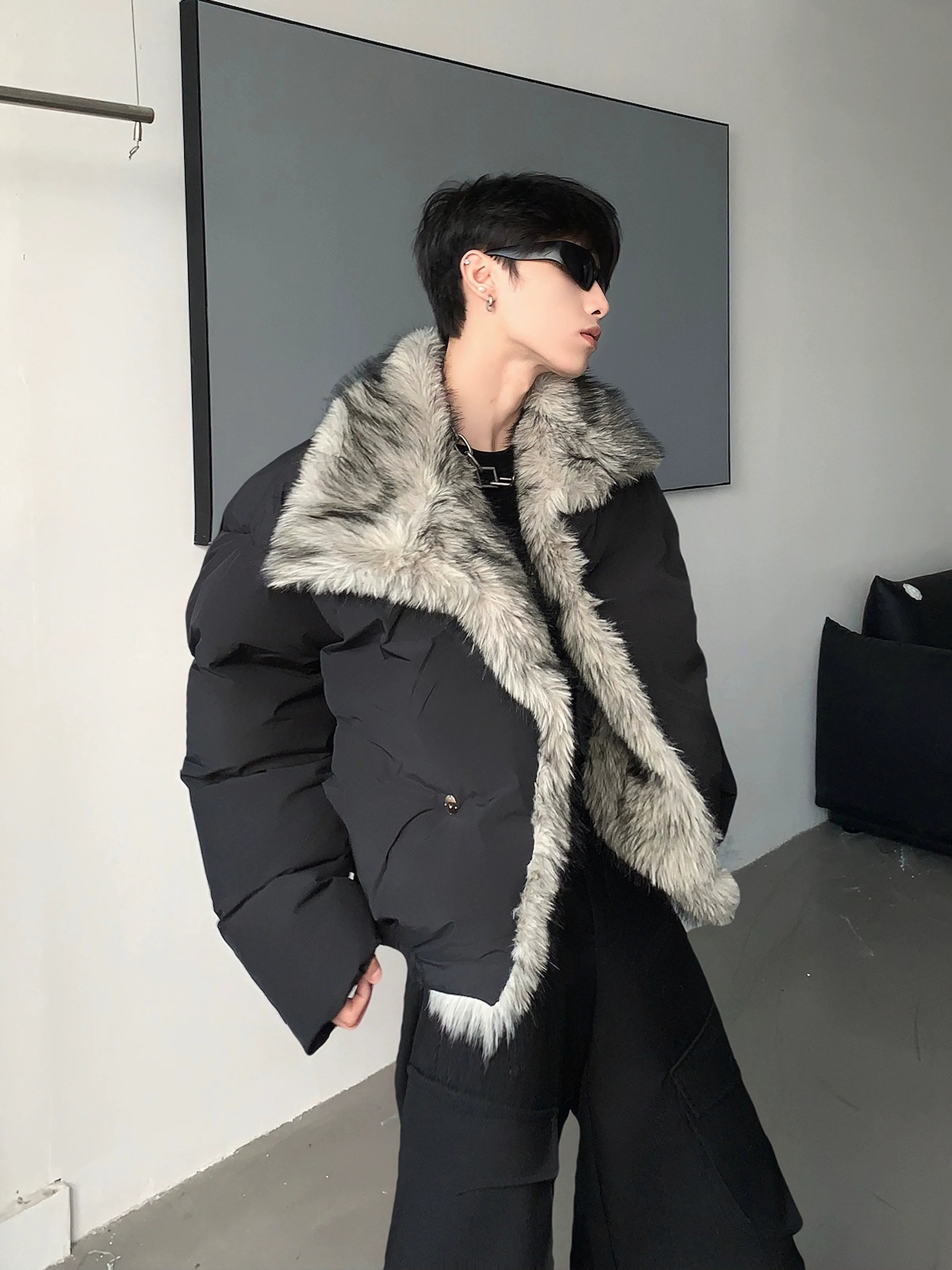 호화로운 느낌의 풍성한 모피 칼라, 인조 밍크 가죽 안감, 남성용 겨울 두꺼운 클린핏 면 재킷, 트렌디한 스타일 