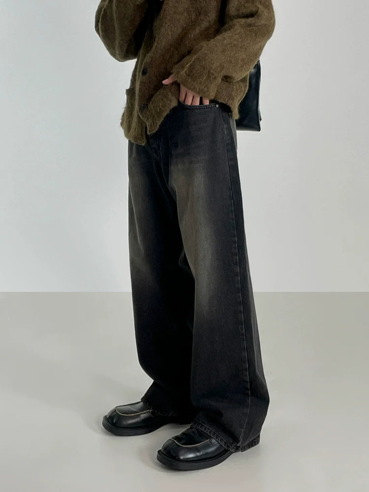Retro washed drape thickened jeans men's autumn and winter new Korean loose wide-leg straight pants