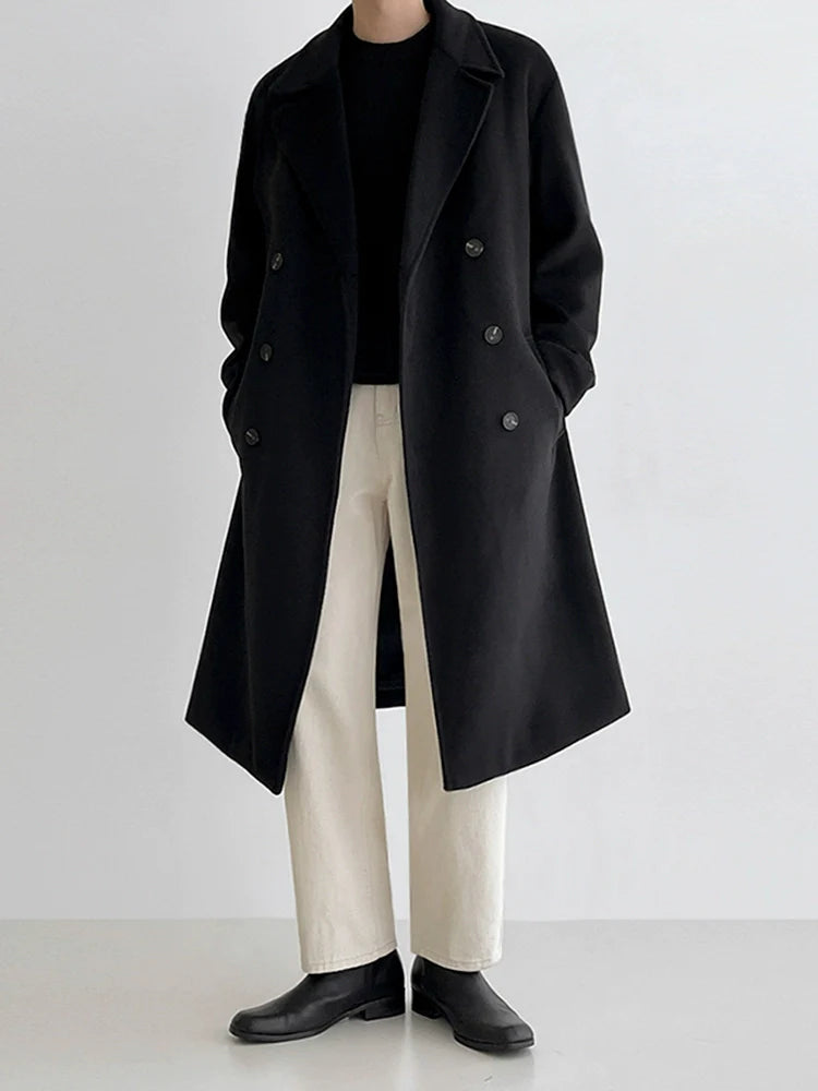 남성용 미디엄 롱 울 코트, 가을/겨울용 한국 스타일 루즈핏 고급 두툼한 트렌치 코트 
