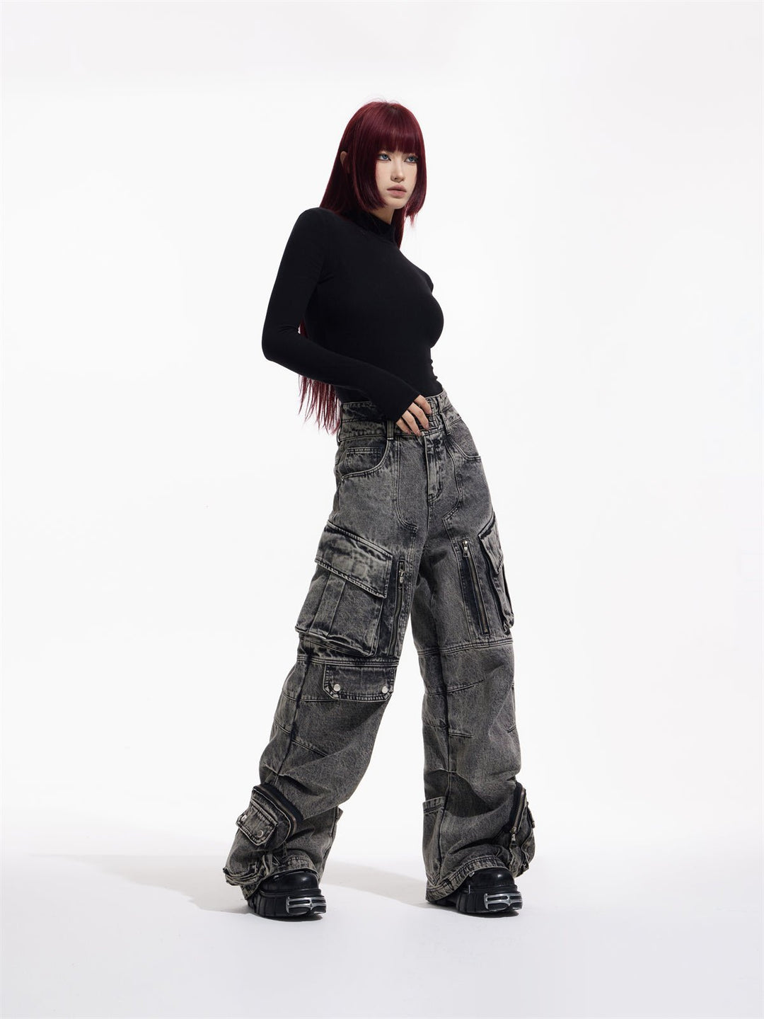 [PEOPLESTYLE] Multi-pocket wide leg casual jeans st2096