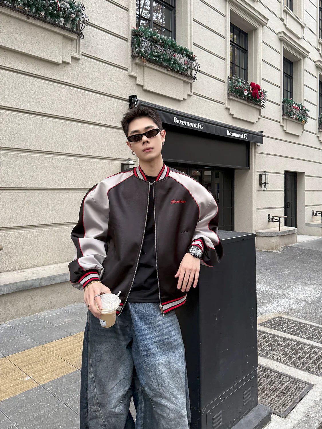 Original design contrasting color imitation leather crack baseball jacket American men's street short casual jacket