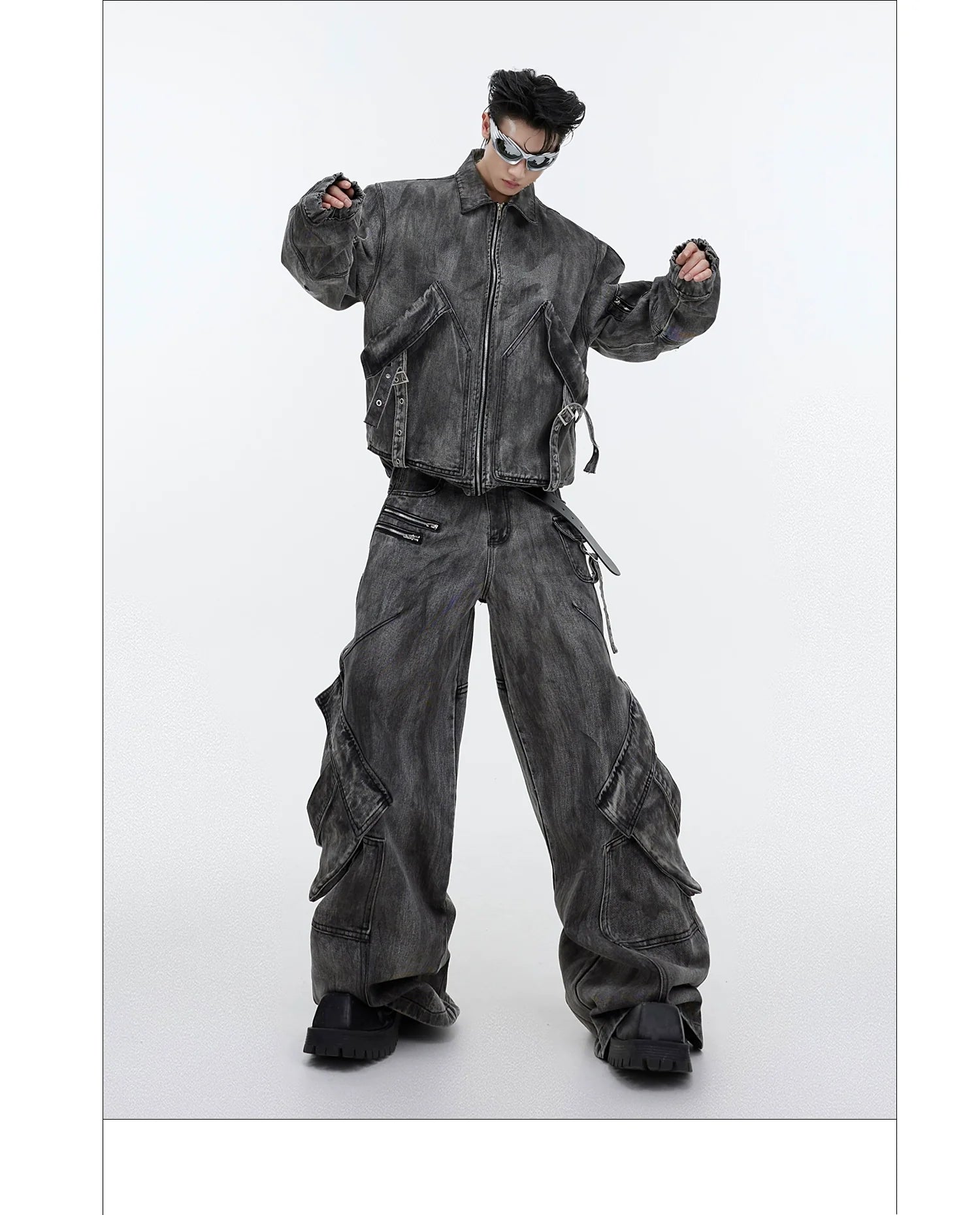 Niche retro old denim suit jacket jacket wasteland heavy zipper big pocket overalls