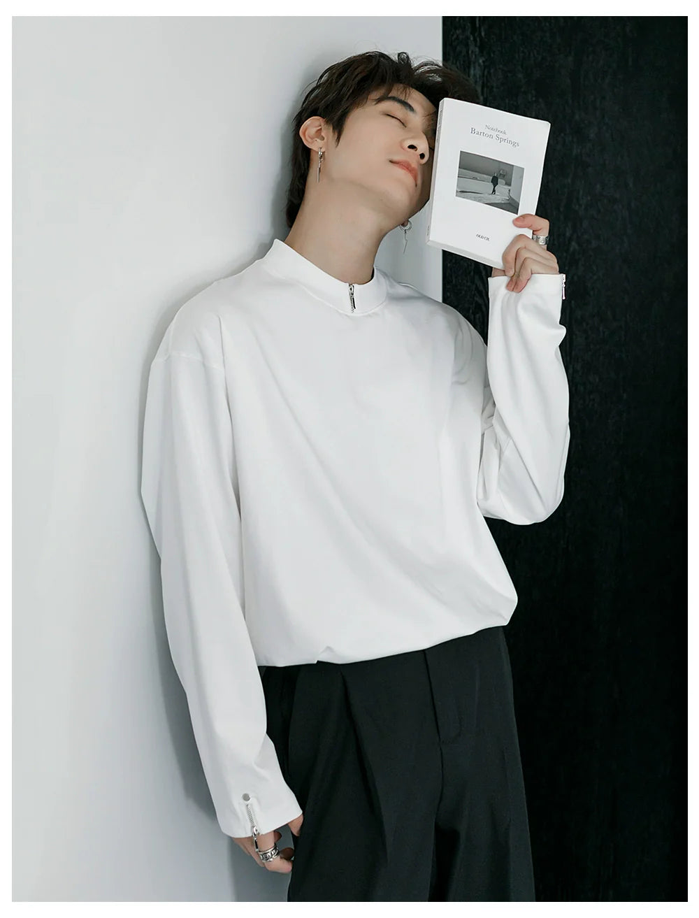 Men's spring zipper design sense inner bottoming shirt thin white long-sleeved T-shirt tide