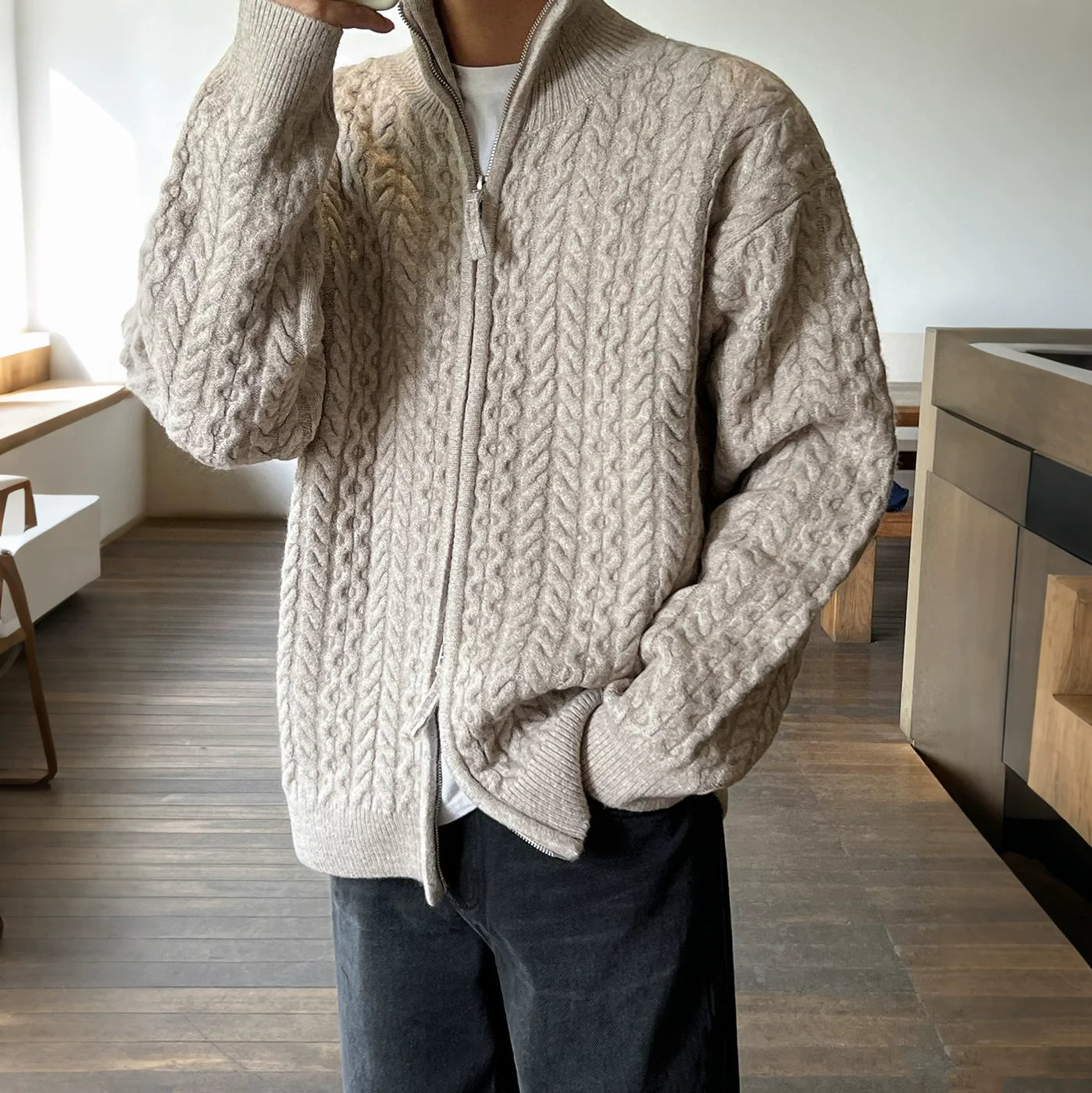 Old money wind semi-turtleneck knitted jacket men's winter loose warm cardigan sweater Korean commuter wear