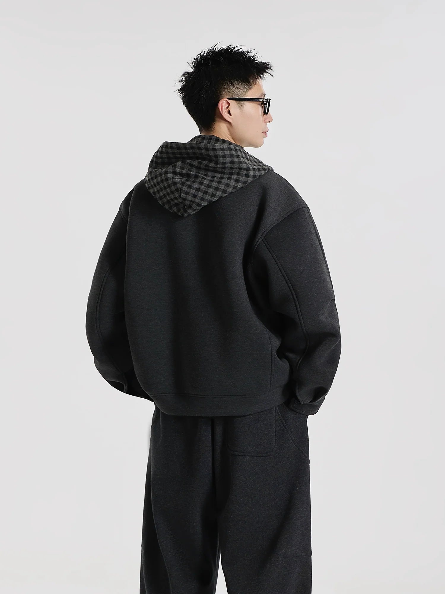 Time Overlapping" Jelly Air Layer Plaid Splicing Fake Two-piece Cardigan Hooded Sweater Jacket