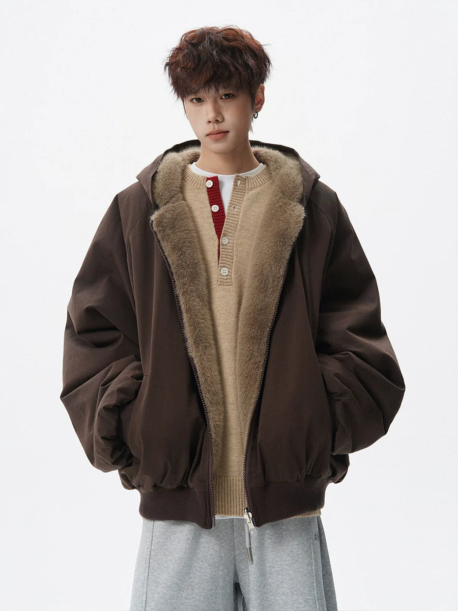 American mountain carving fleece hooded cotton-padded jacket men's winter new trendy brand loose retro thickened warm cotton clothes