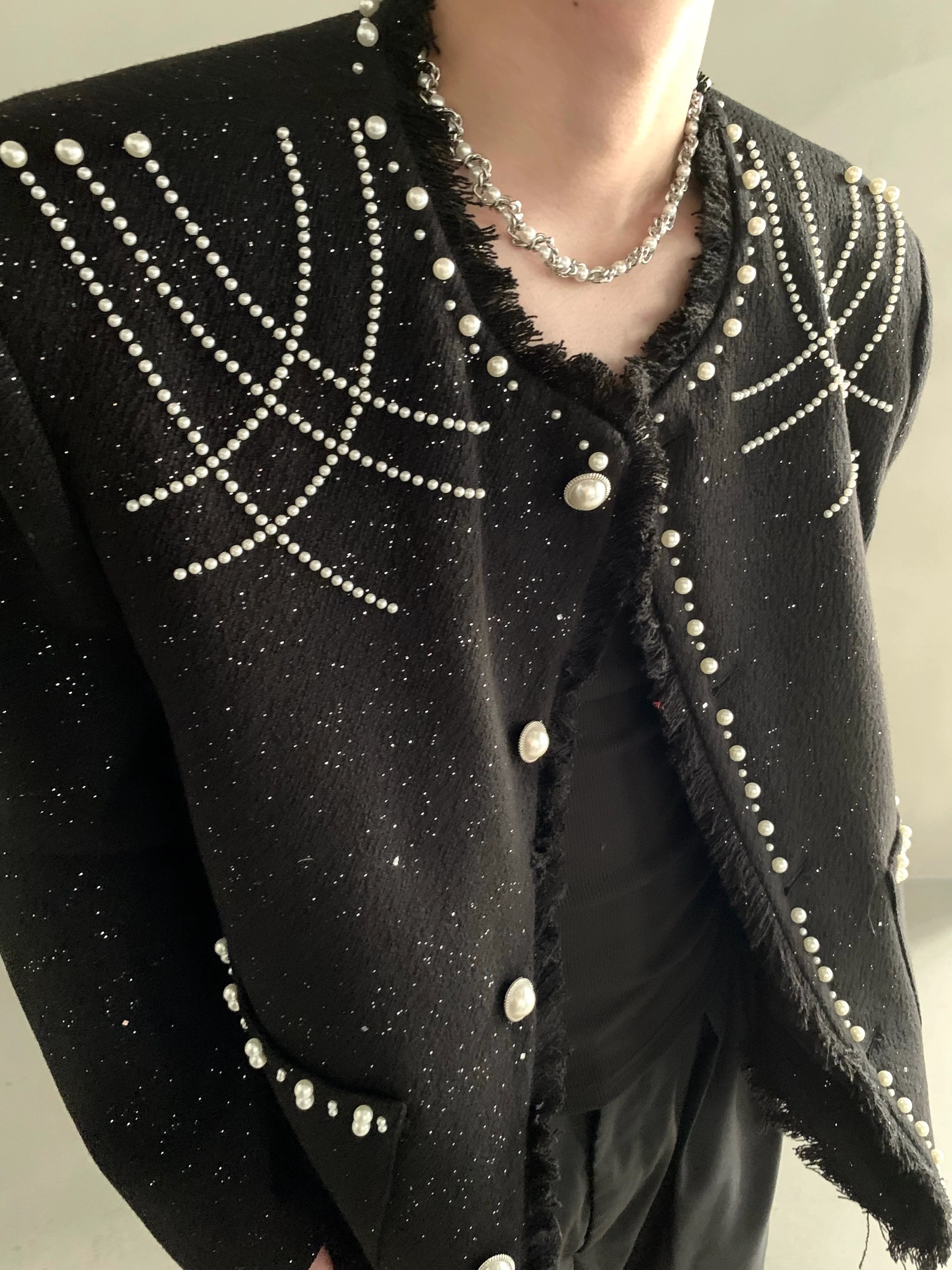 Niche high-end heavy industry bead design shoulder pads small fragrant jacket jacket men's top