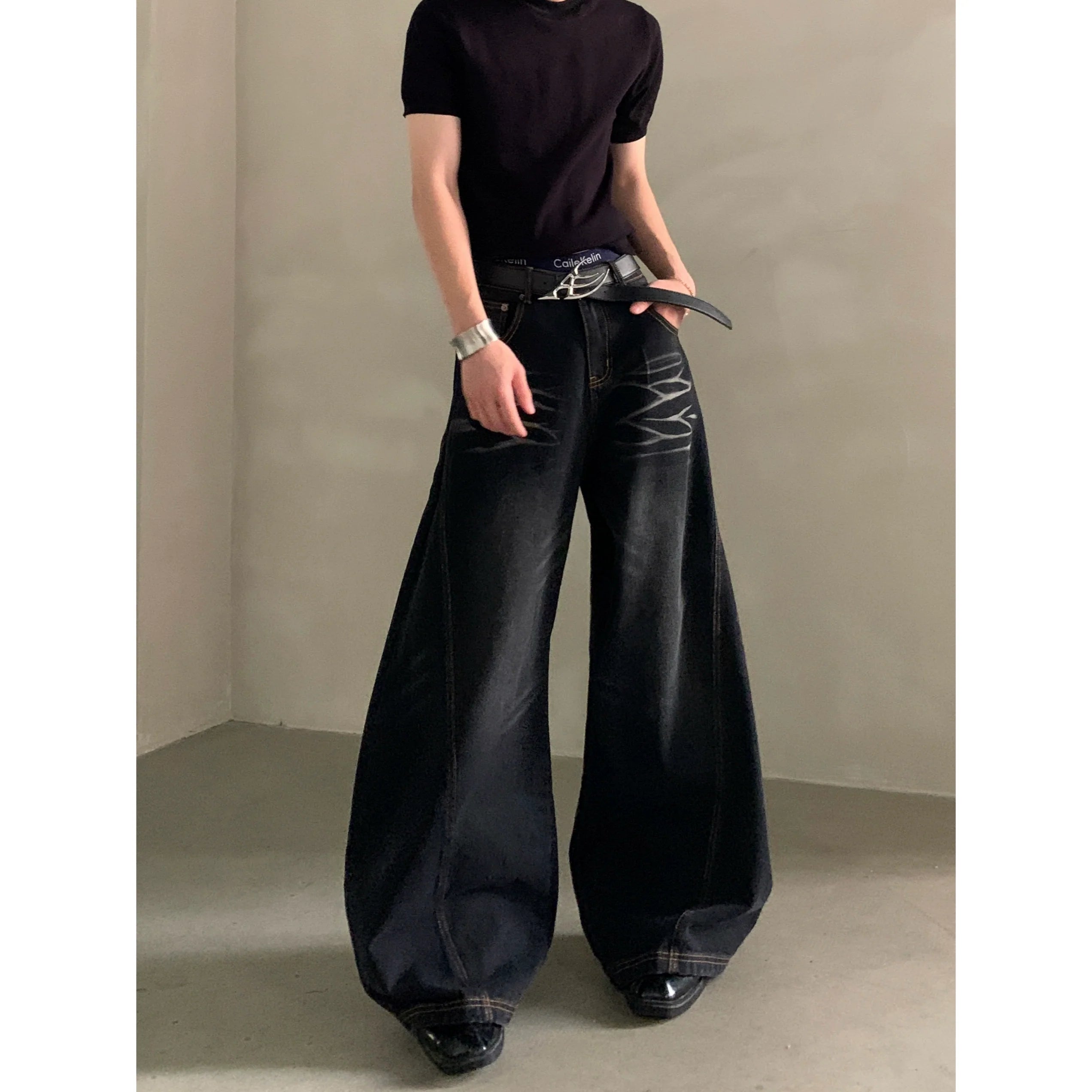 Niche design wide-leg scimitar jeans medium and high waist loose heavy drop floor pants