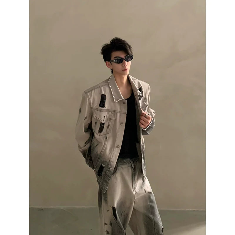 틈새 폐기물 토양 타이 다이 구멍 디자인 어깨 패드 데님 재킷 남성 고급 정장 트렌드 