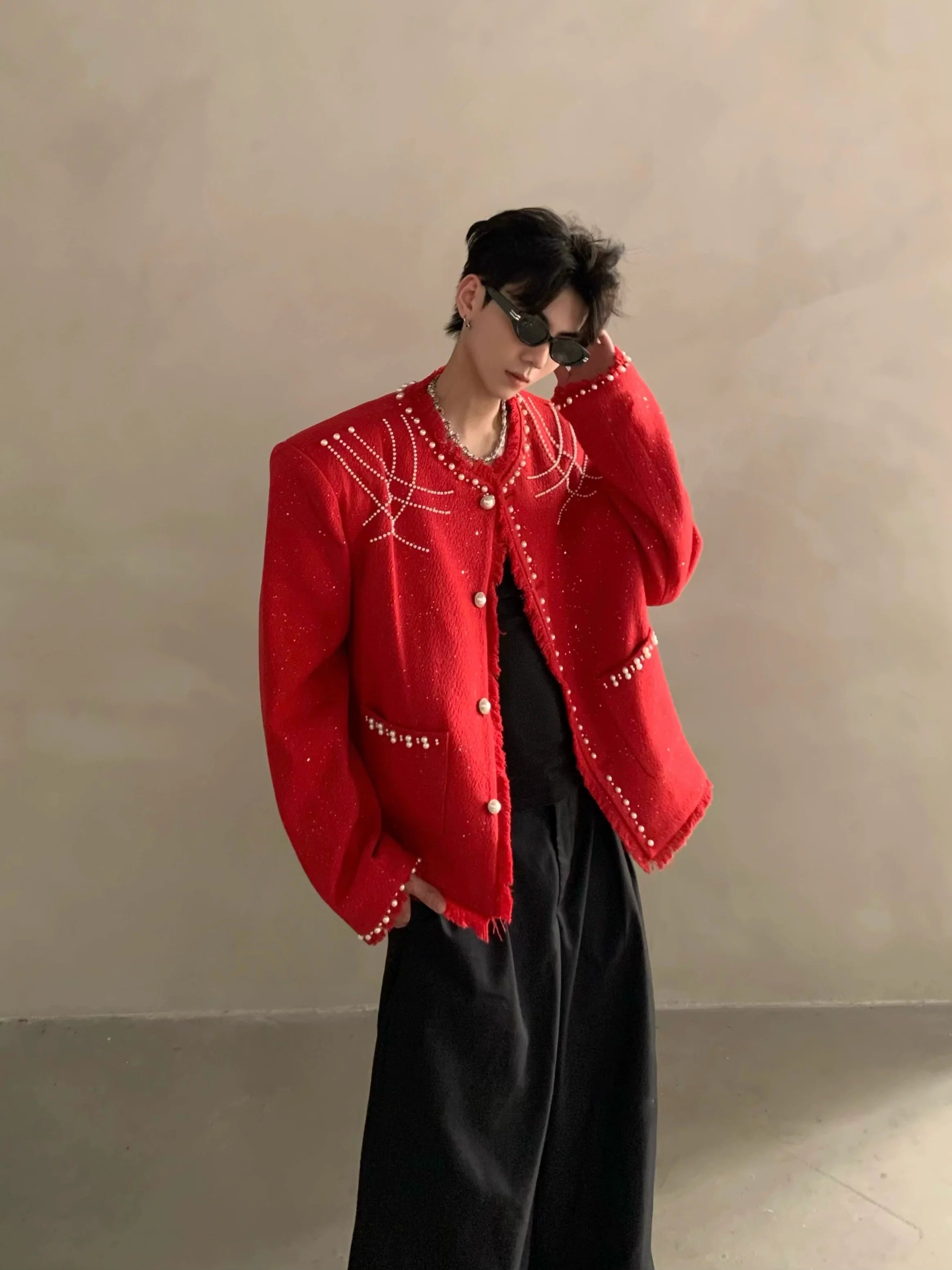 Niche high-end heavy industry bead design shoulder pads small fragrant jacket jacket men's top