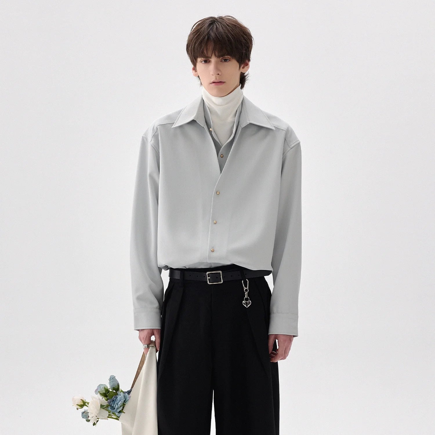 Men's high-end fake three and a half turtleneck shirts men's anti-wrinkle long-sleeved shirts with trendy insides