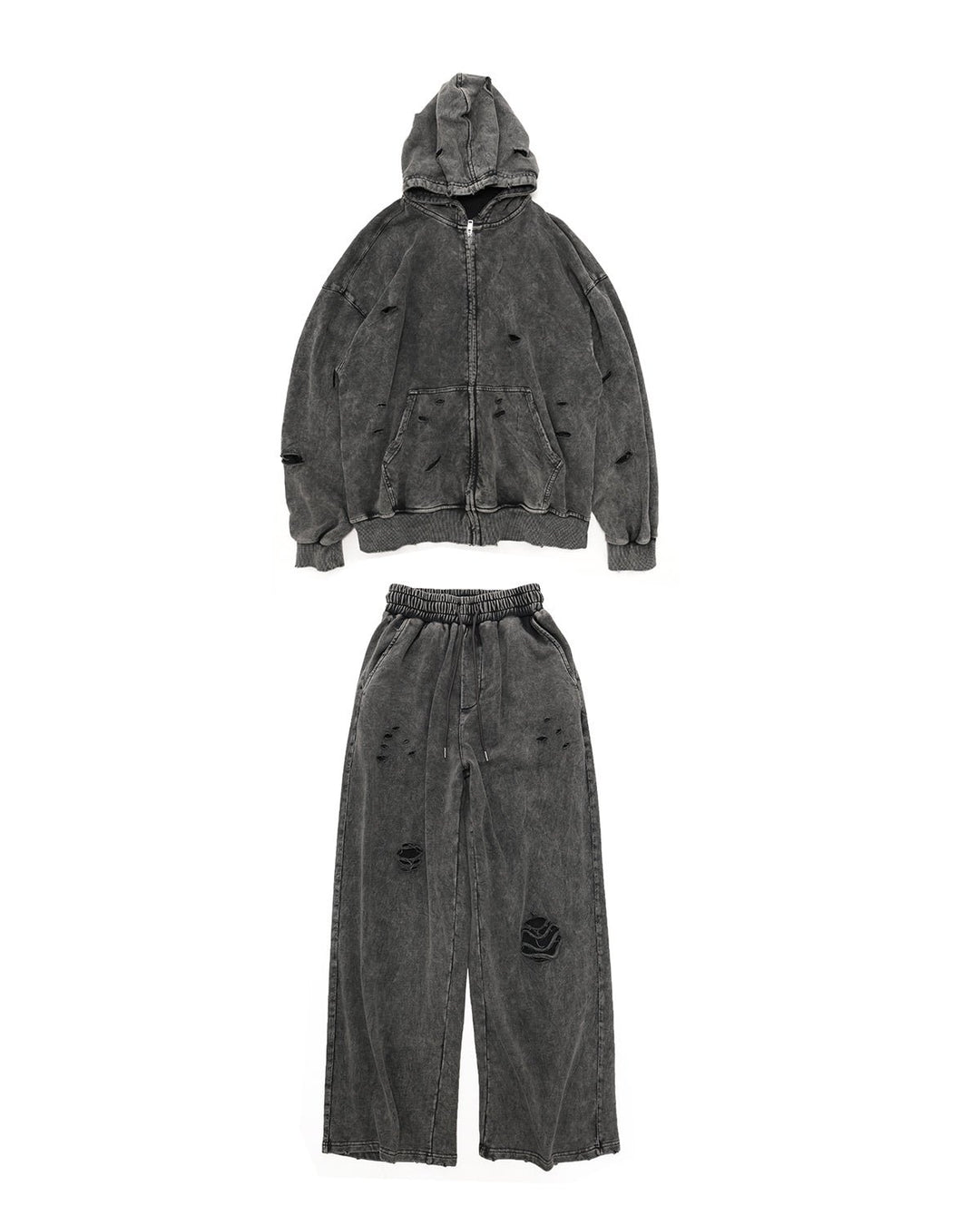 [GIBBYCNA] Damage Zipper Hoodie & Wide-leg Damage Sweatpants st2036