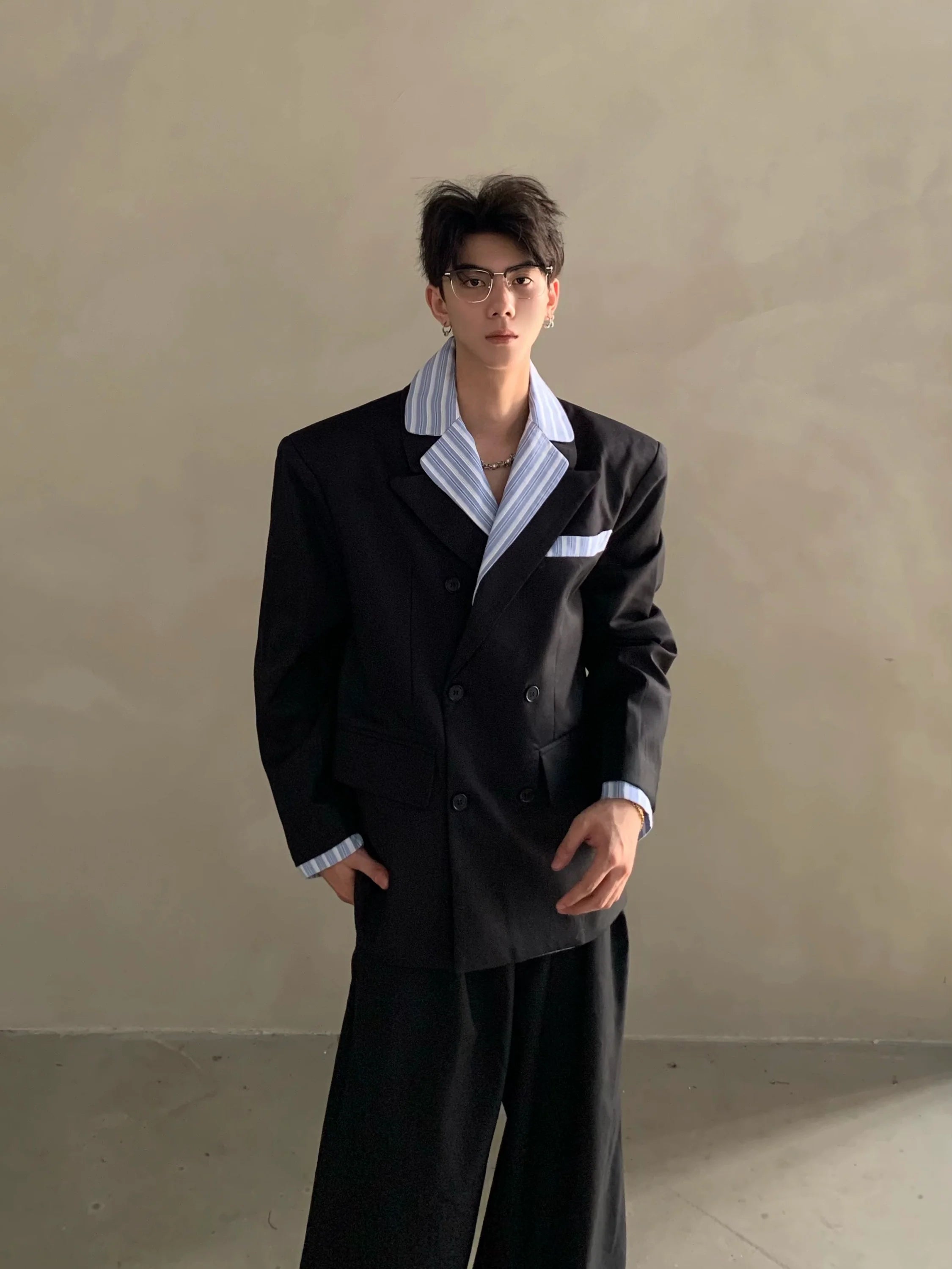 Niche high-end Miu striped shirt collar shoulder padded suit men's ruffian handsome suit jacket