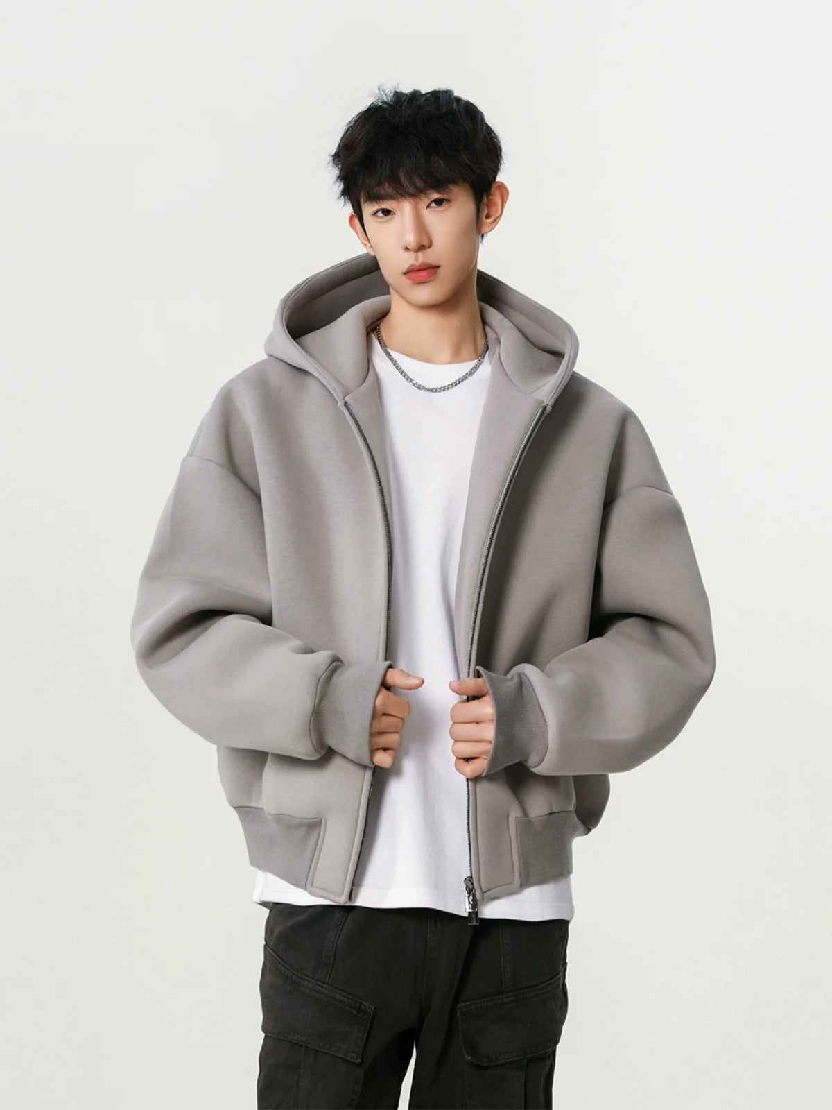 Heavy silhouette cardigan sweater men's spring and autumn new double zipper design hooded fashion short casual coat