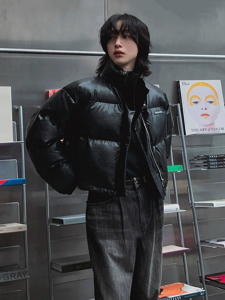 고급 인조가죽 소재의 남성용 겨울 루즈핏 따뜻한 루즈핏 재킷, 한국 트렌디한 스탠드업 칼라 면 소재 의류 