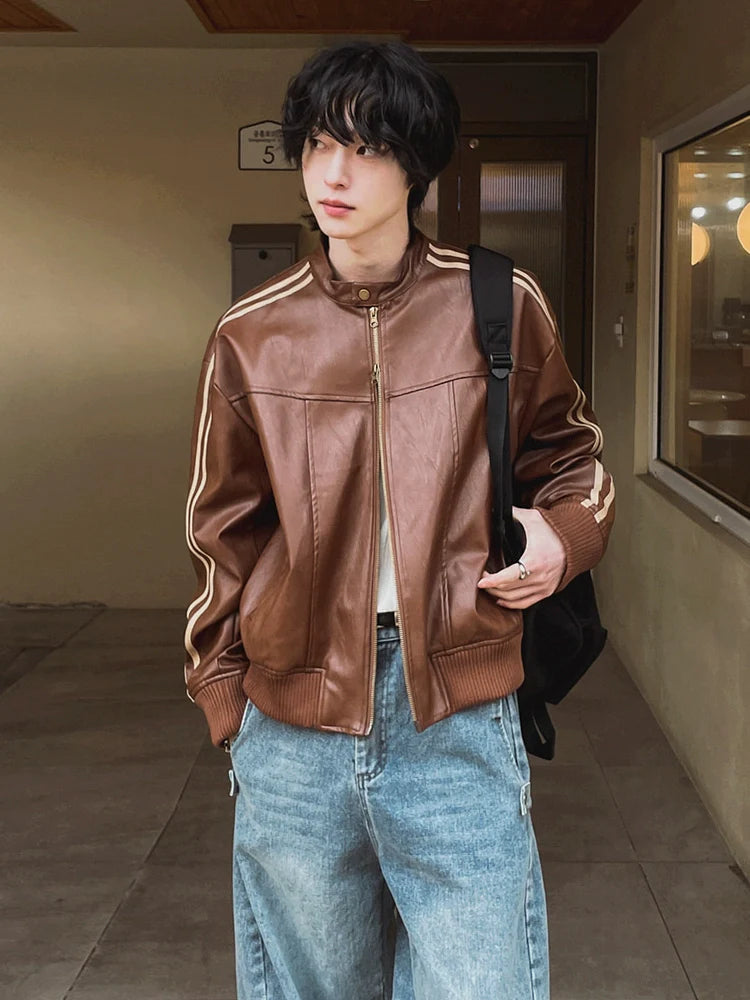Maillard style leather jacket men's autumn loose stand-up collar top Korean trend motorcycle leather jacket