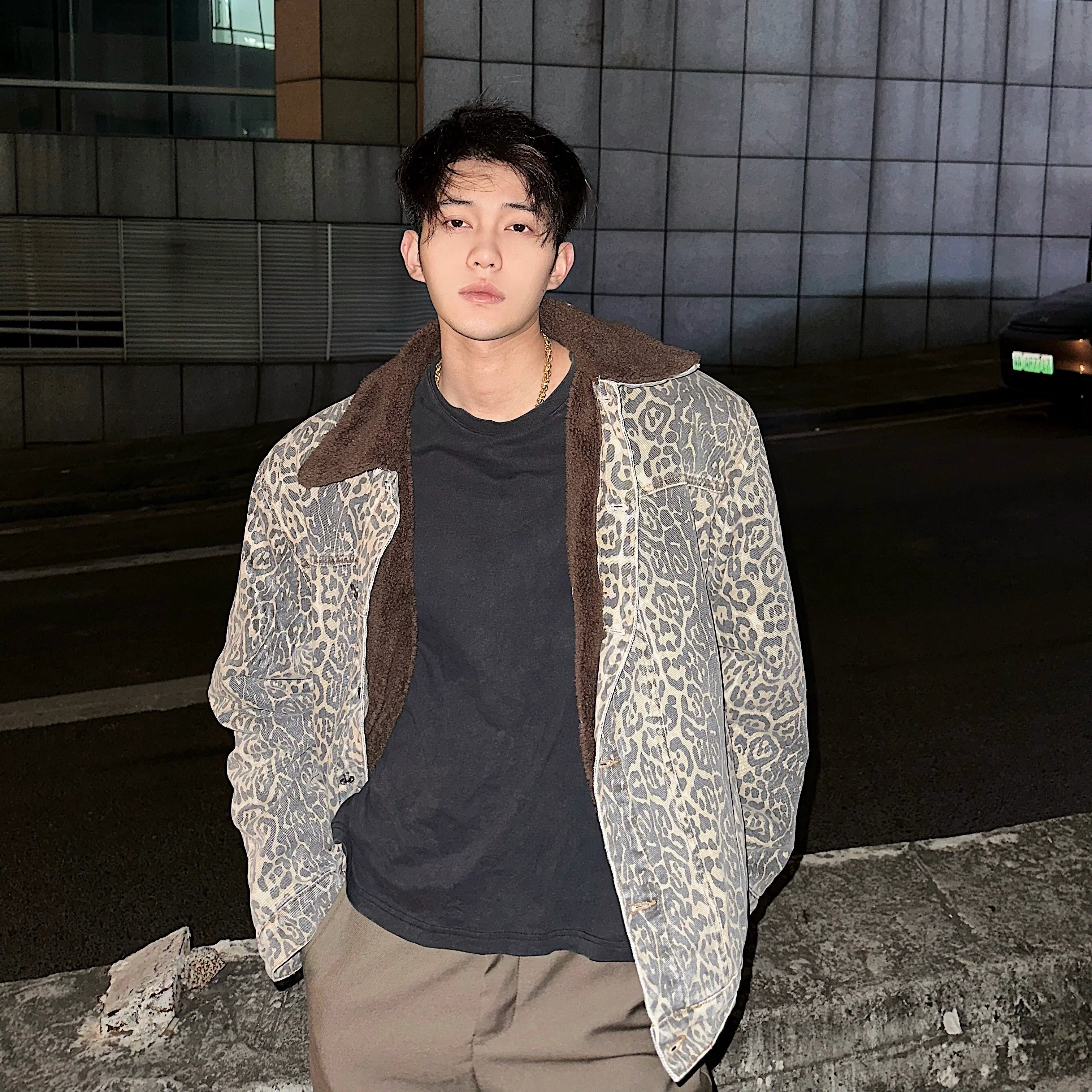 Winter retro washed niche leopard print splicing fleece thickened denim jacket men's trend