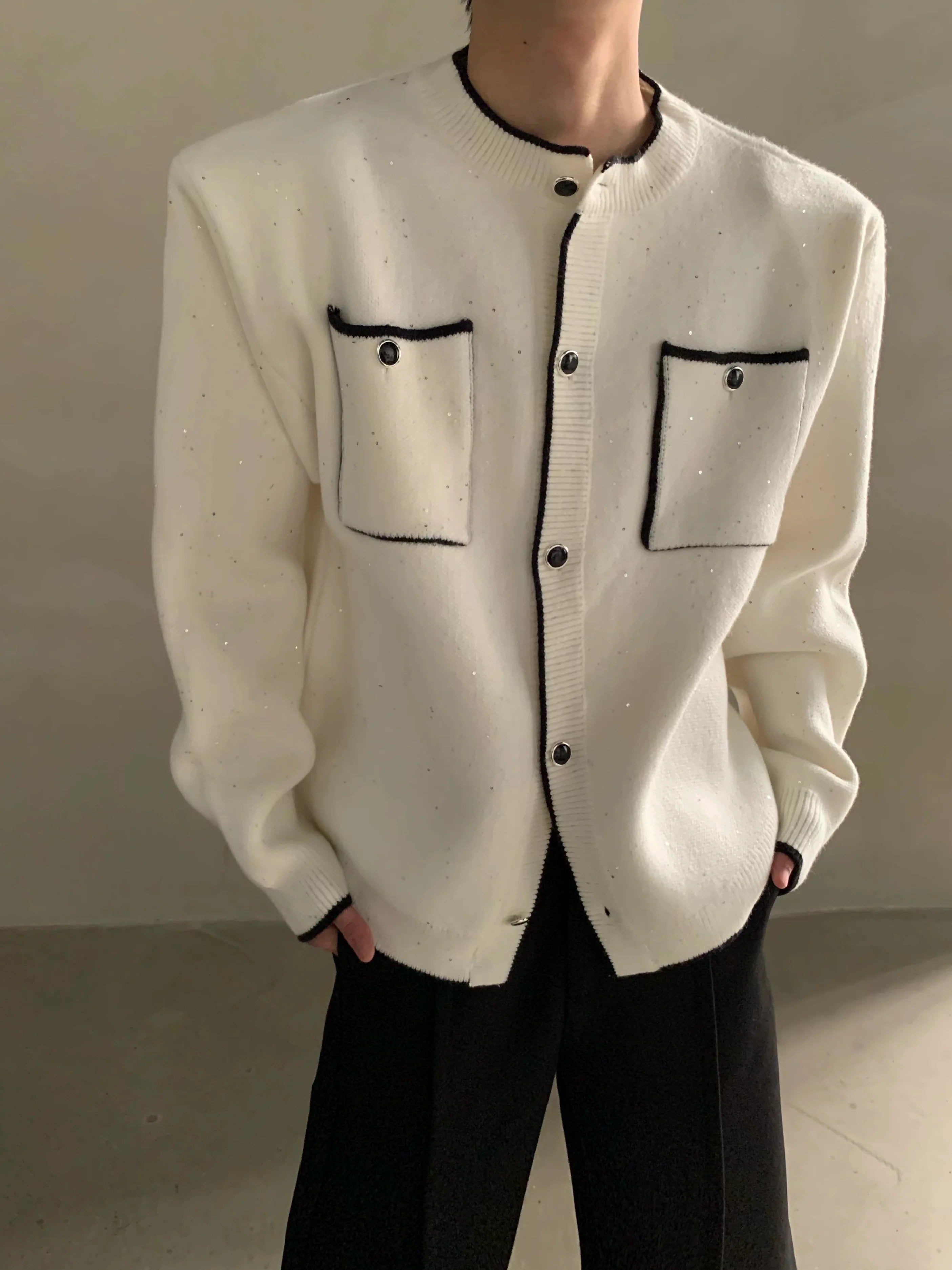 Autumn and winter light luxury high-end sense small fragrant wind contrasting color stand-up neck knitted cardigan men's button sweater jacket