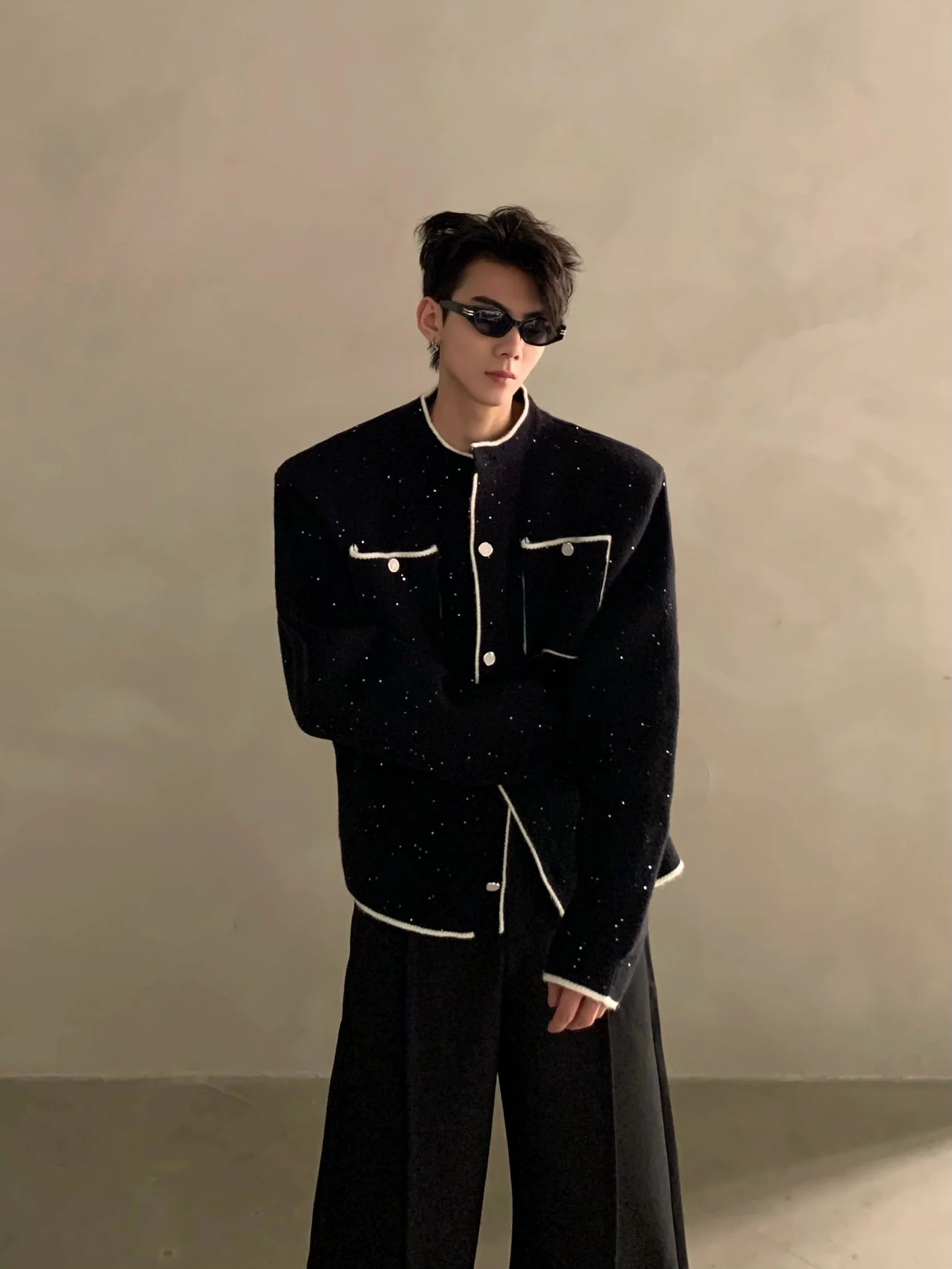 Autumn and winter light luxury high-end sense small fragrant wind contrasting color stand-up neck knitted cardigan men's button sweater jacket