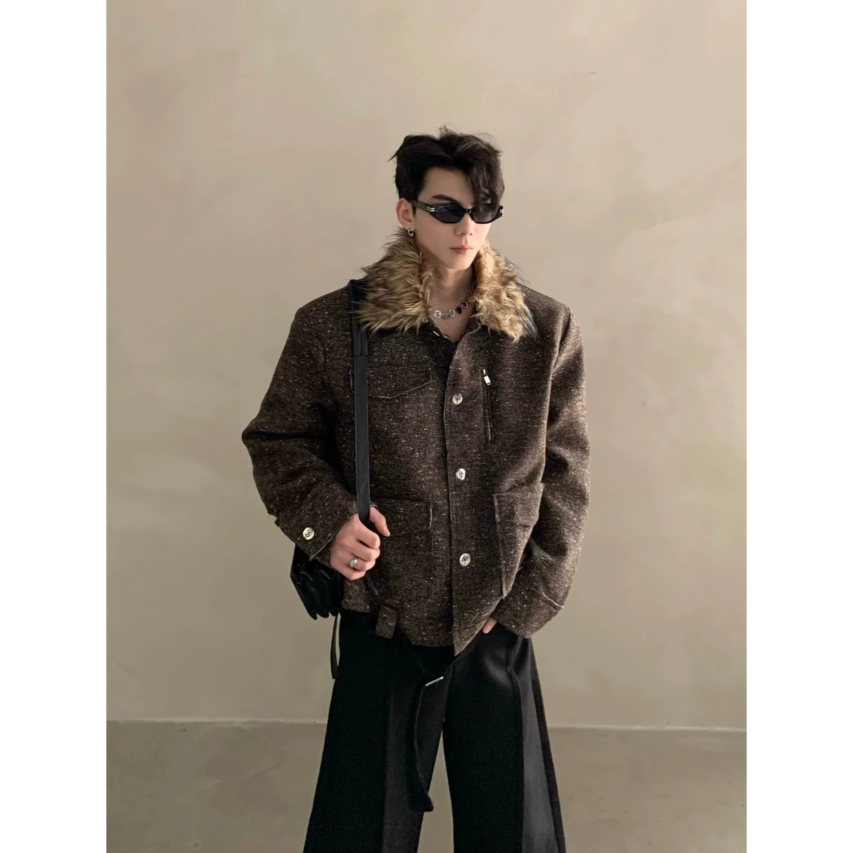 Winter niche light luxury fur collar shoulder padded small fragrant jacket men's high-end short padded jacket