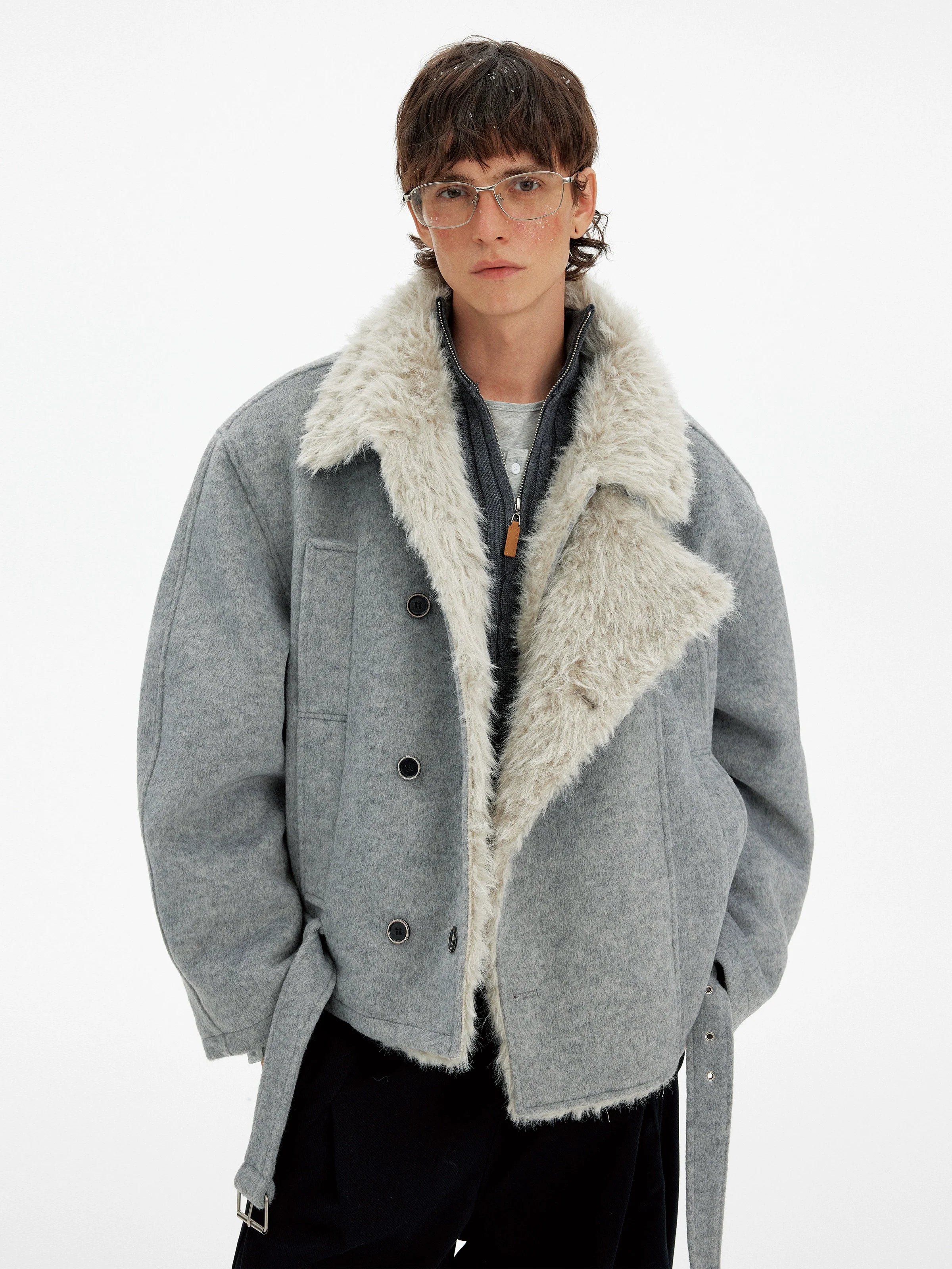 Vintage high-end double-breasted fur collar cotton clothes men's and women's winter casual wool blended warm jacket