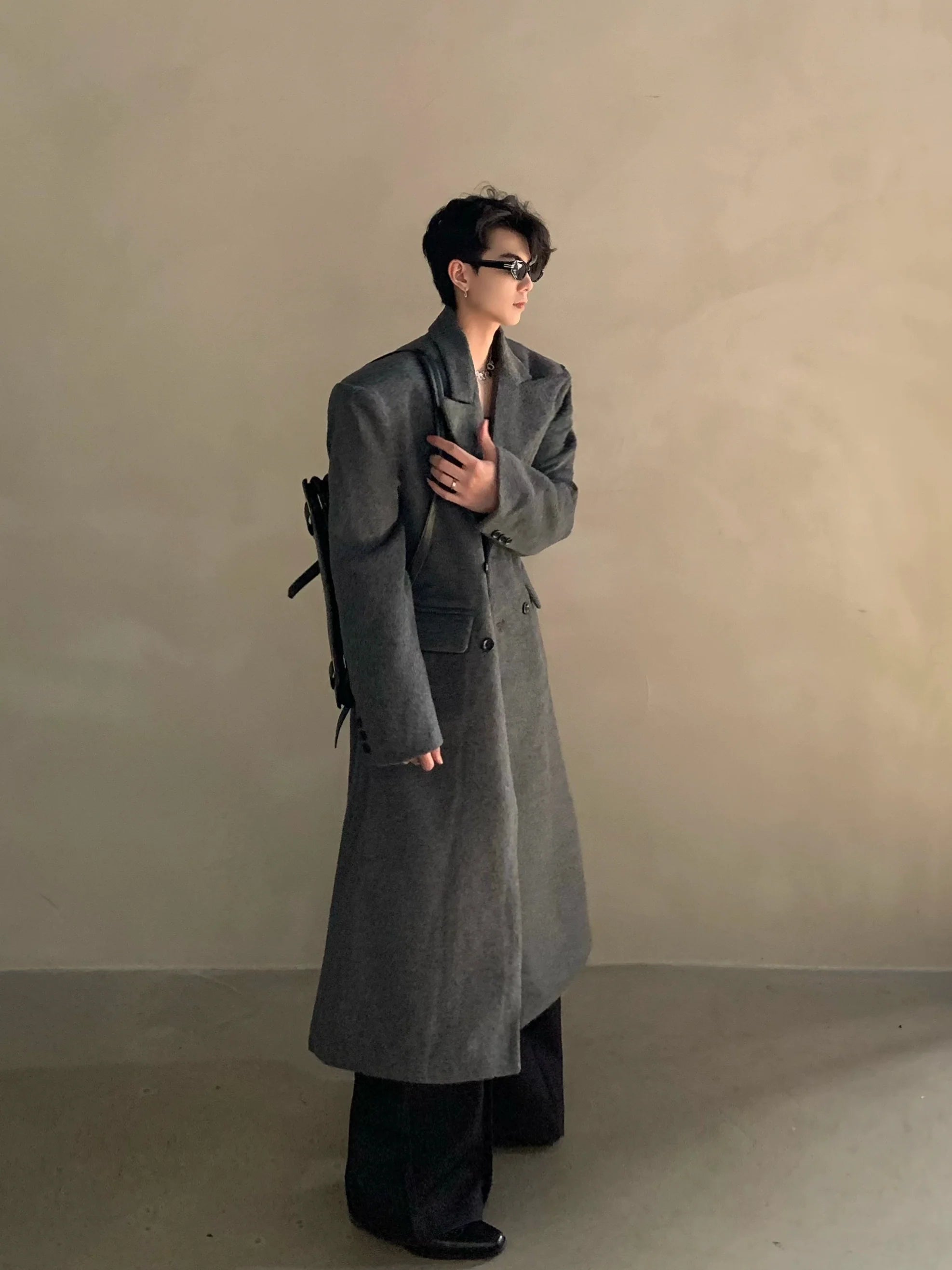 Winter niche shoulder padded silhouette woolen coat men's long double-breasted premium trench coat