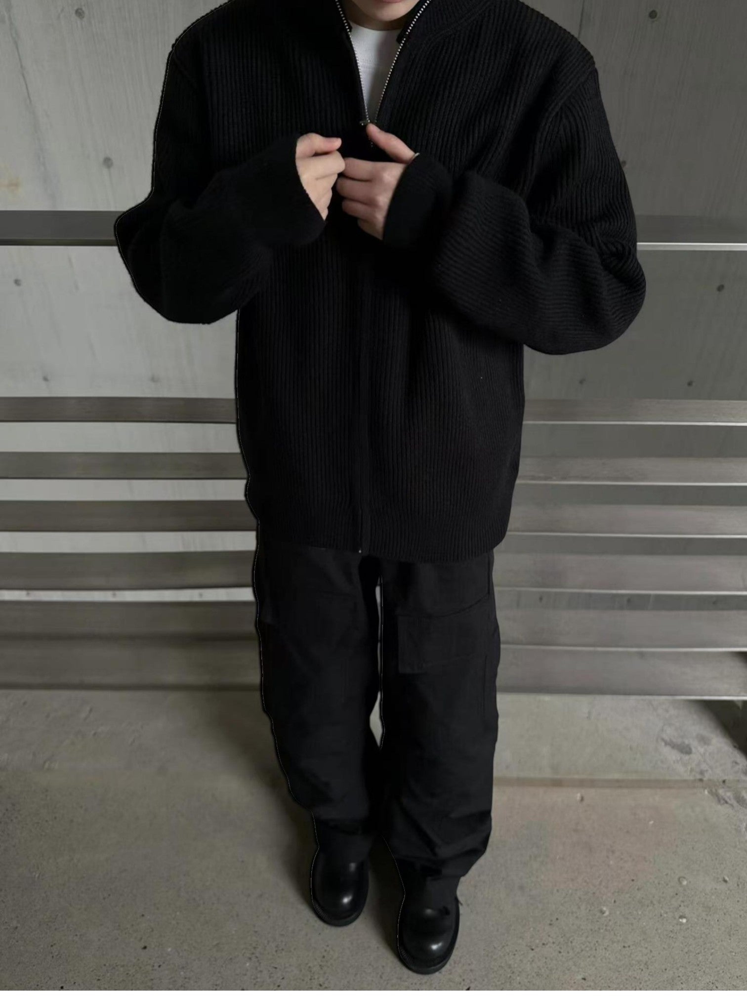 [WXB] KOREAN RIBBED ZIP-UP HIGH COLLAR shirt st4010